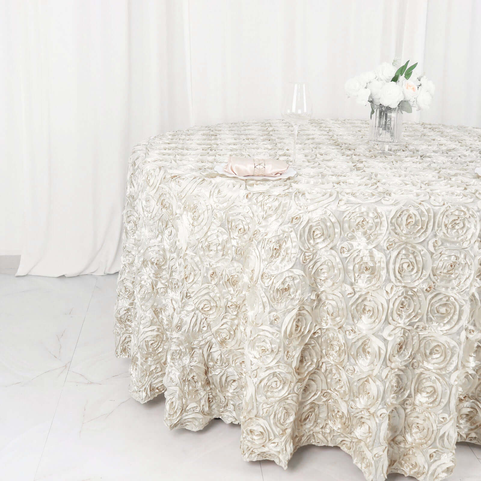Satin 120" Round Tablecloth Ivory - Grandiose 3D Rosette with Seamless Finish Table Cover