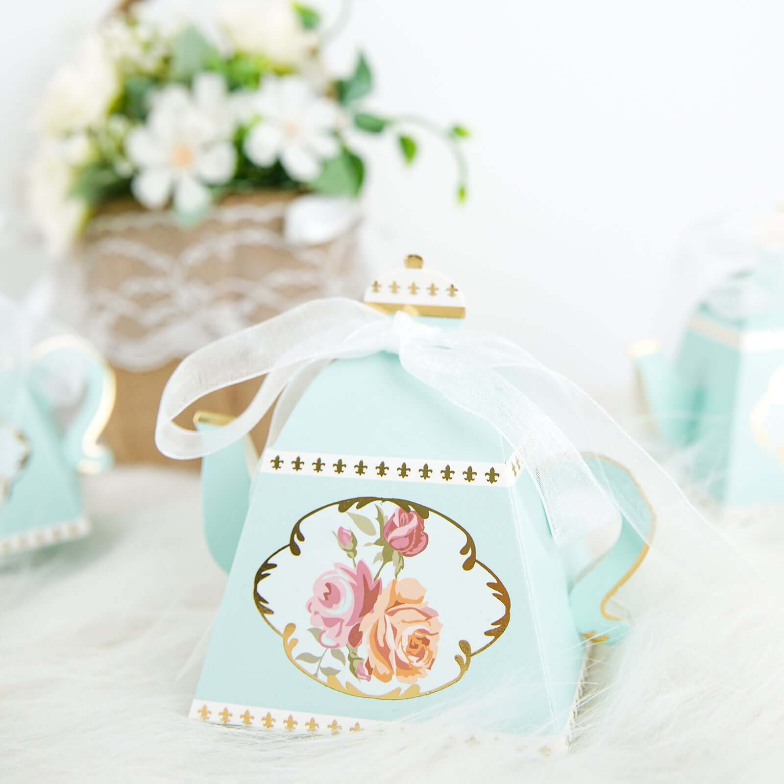 25 Pack 4" Light Turquoise Mini Teapot Favor Boxes, Vintage Rose Gift Boxes with Ribbons