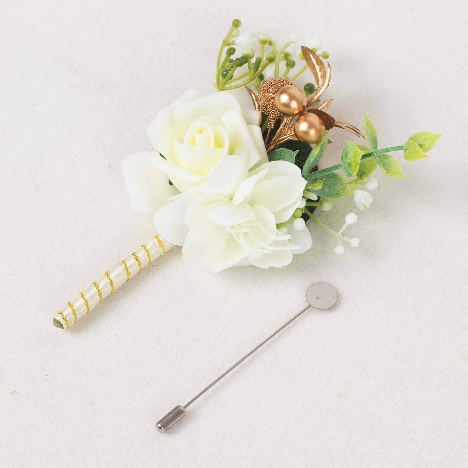2 Pack White Artificial Rose Boutonniere With Pin, 5" Real Touch Silk Flower Pocket Square