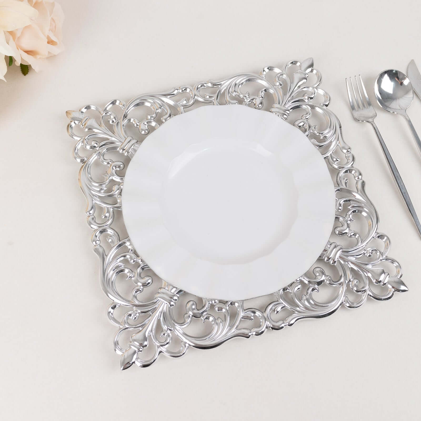 6-Pack Acrylic Square Charger Plates 12" in Silver with Hollow Lace Border, Event Tabletop Decorative Charger Tableware