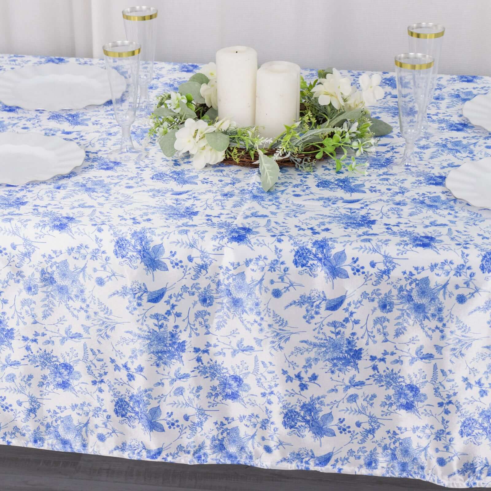Satin Round 60"x102" Tablecloth White/Blue French Toile Design - Stylish & Wrinkle-Resistant Table Cover