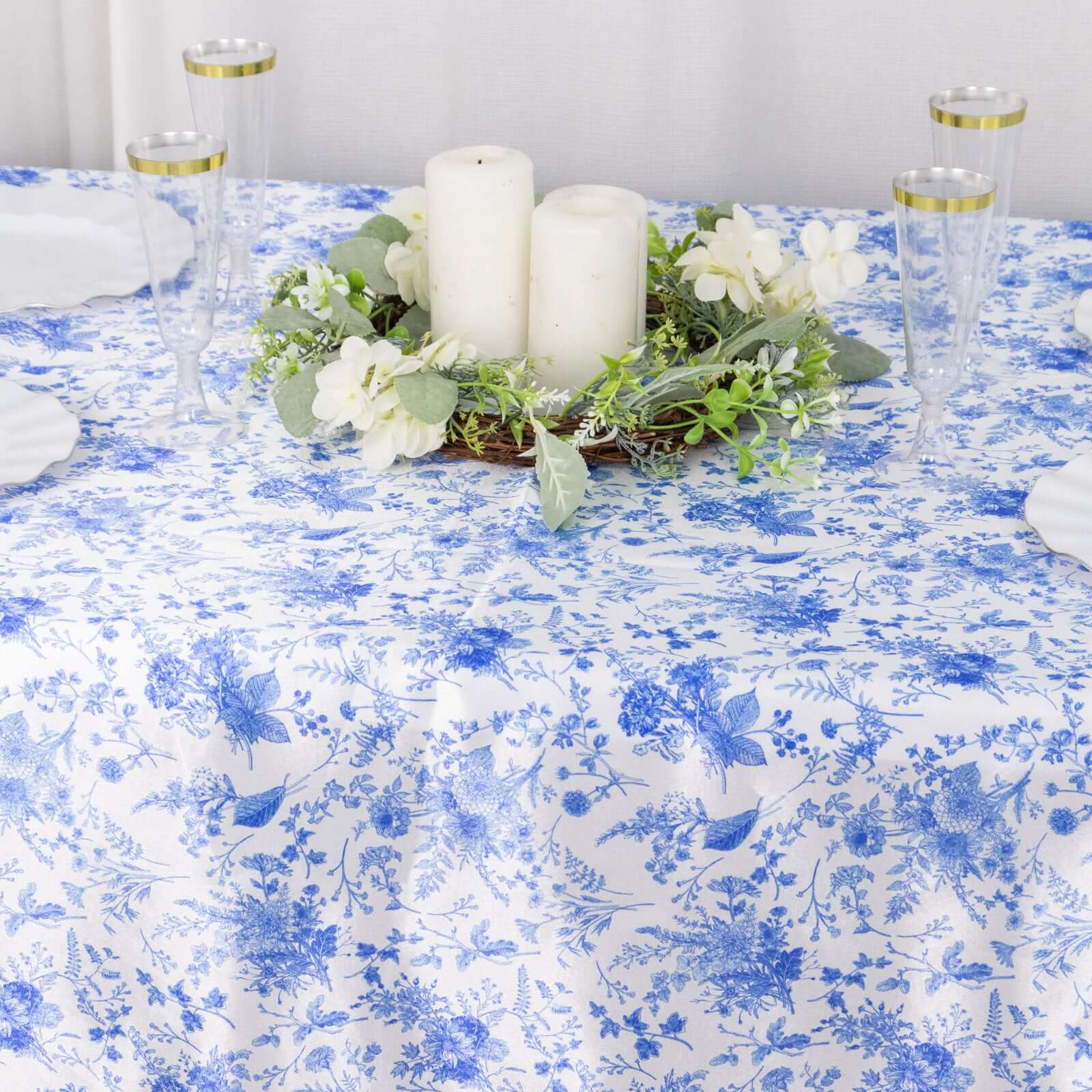 Satin Round 90"x156" Tablecloth White/Blue French Toile Design - Seamless Stylish & Wrinkle-Resistant Table Cover