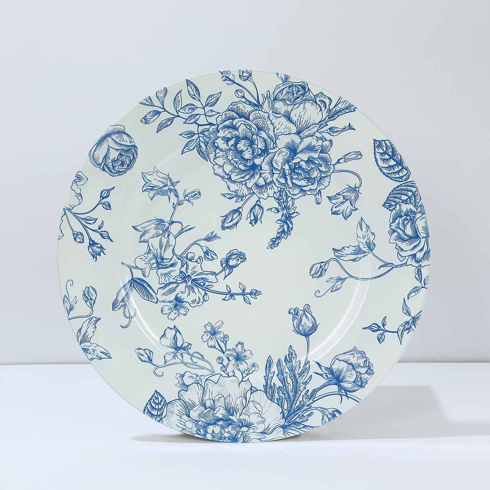 6-Pack Acrylic Round Charger Plates 13" in White with Light Blue Floral French Toile Pattern, Decorative Dinner Party Charger Tableware