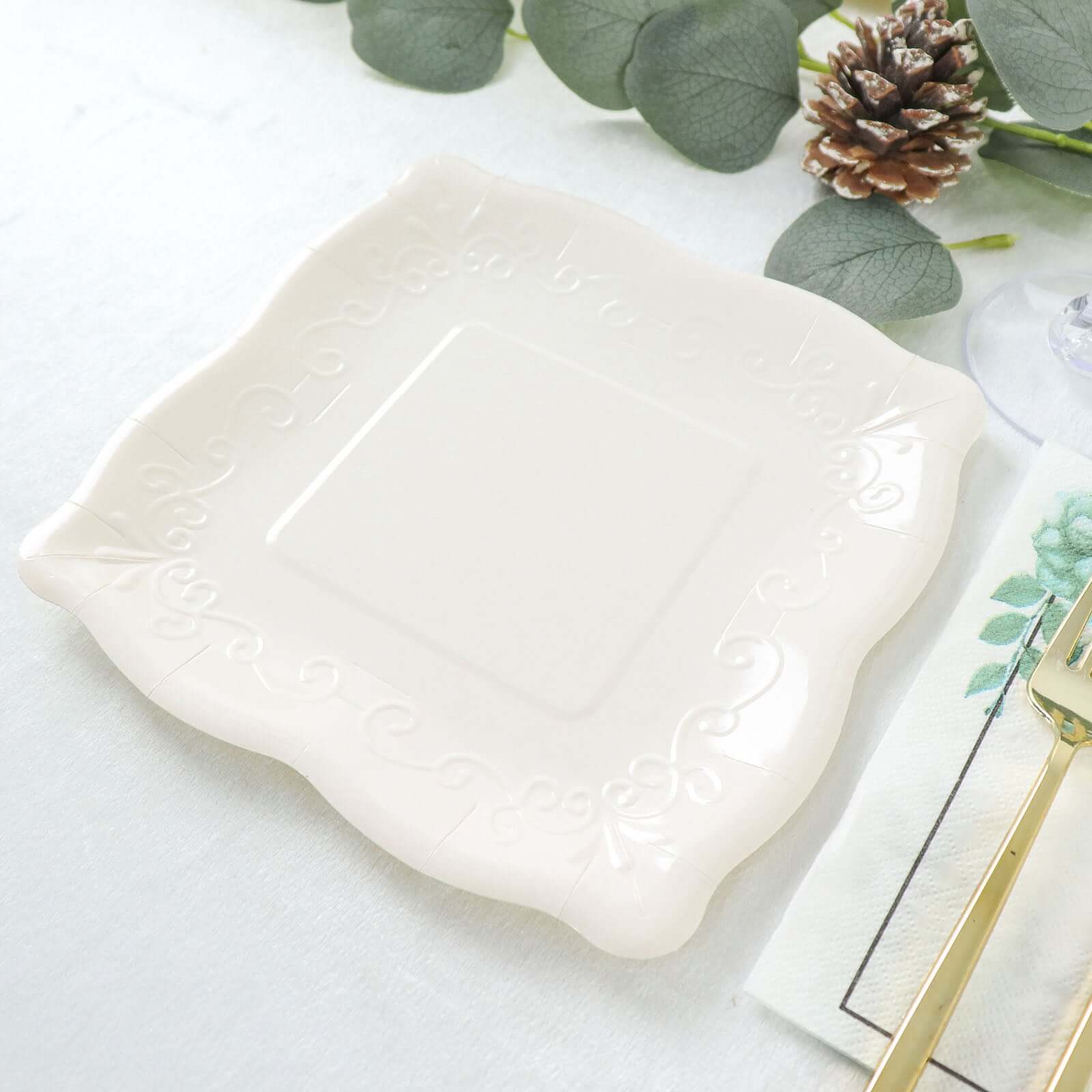 25-Pack Paper 7" Square Dessert Plates in White with Vintage Pottery Embossed Design - Shiny Disposable Appetizer Plates