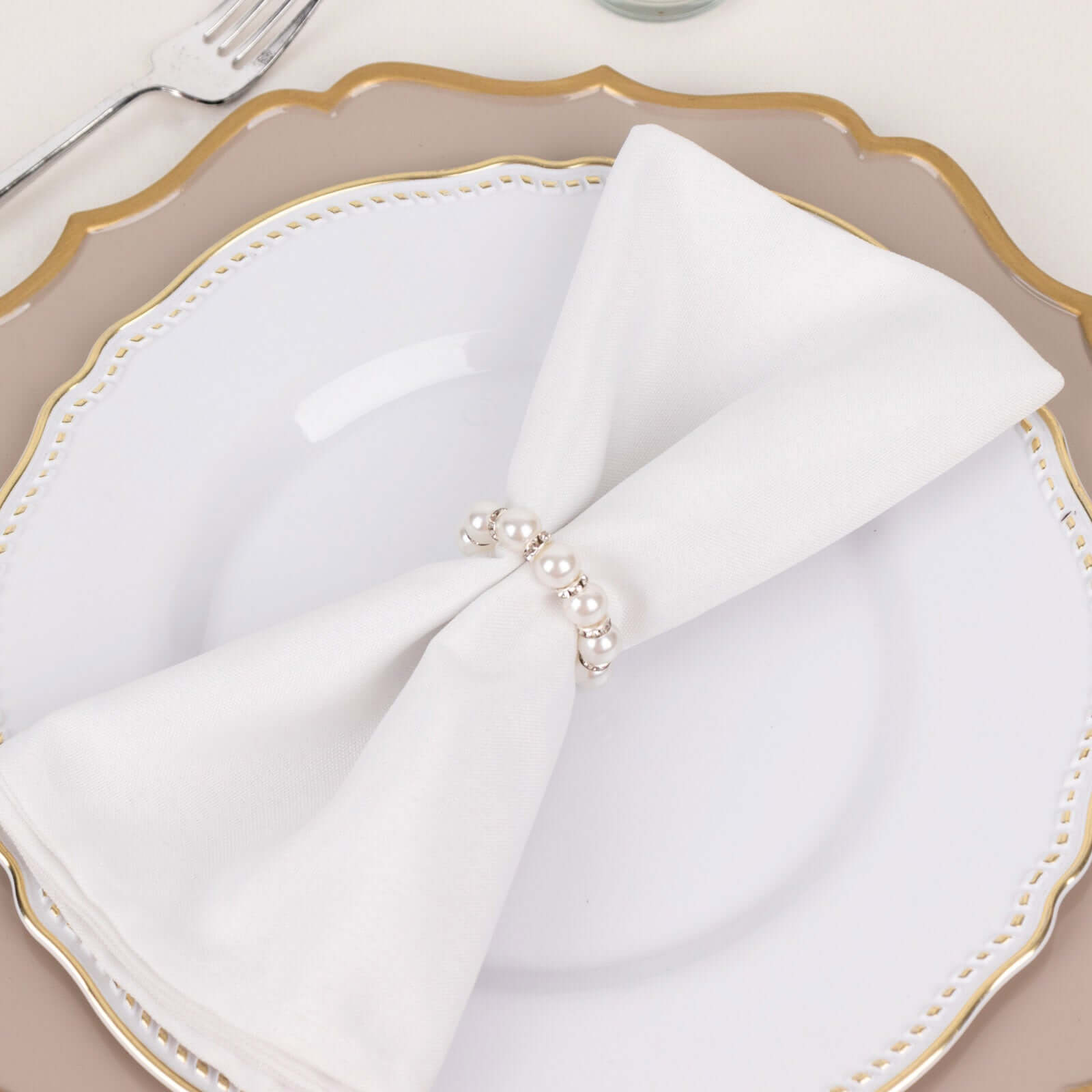 4 Pack 1.5" White Pearl Beads and Silver Rhinestone Napkin Rings, Elegant Round Serviette Buckle Napkin Holders