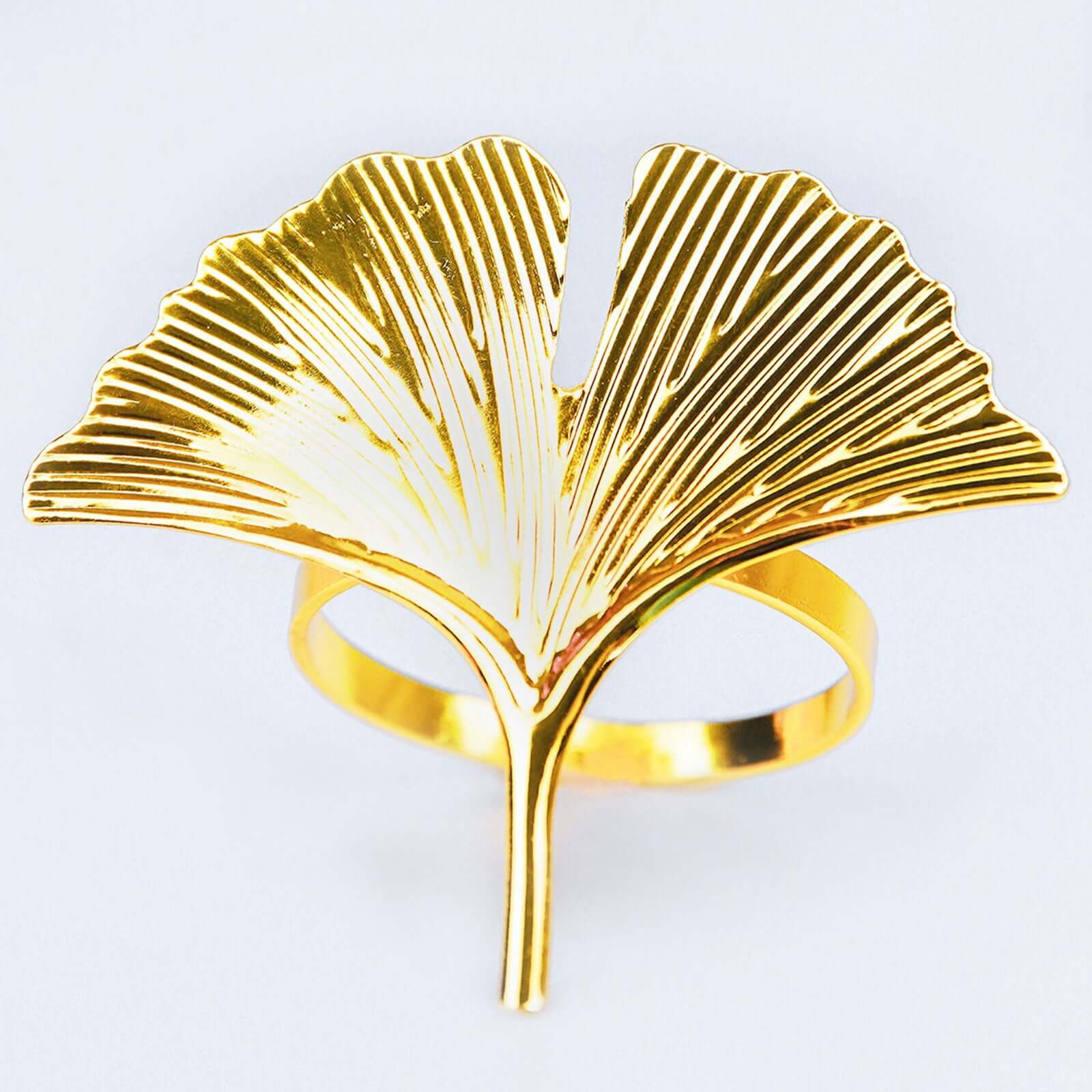 4 Pack Metallic Gold Ginkgo Leaf Napkin Rings, Ornate Design Linen Napkin Holders