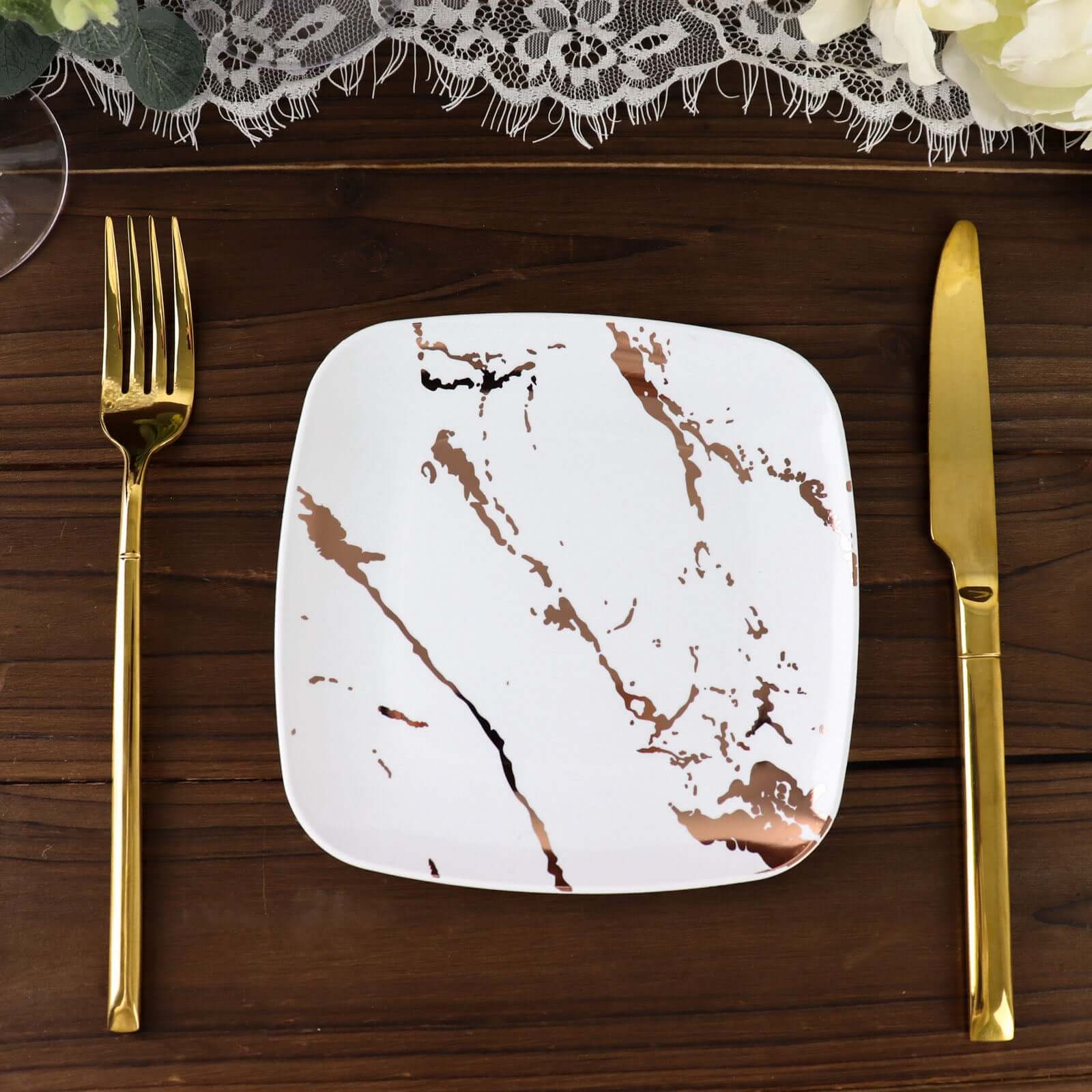 10-Pack Plastic 6" Square Appetizer Snack Plates in White with Rose Gold Marble Design - Disposable Dessert Party Plates for Weddings, Banquets & Special Events