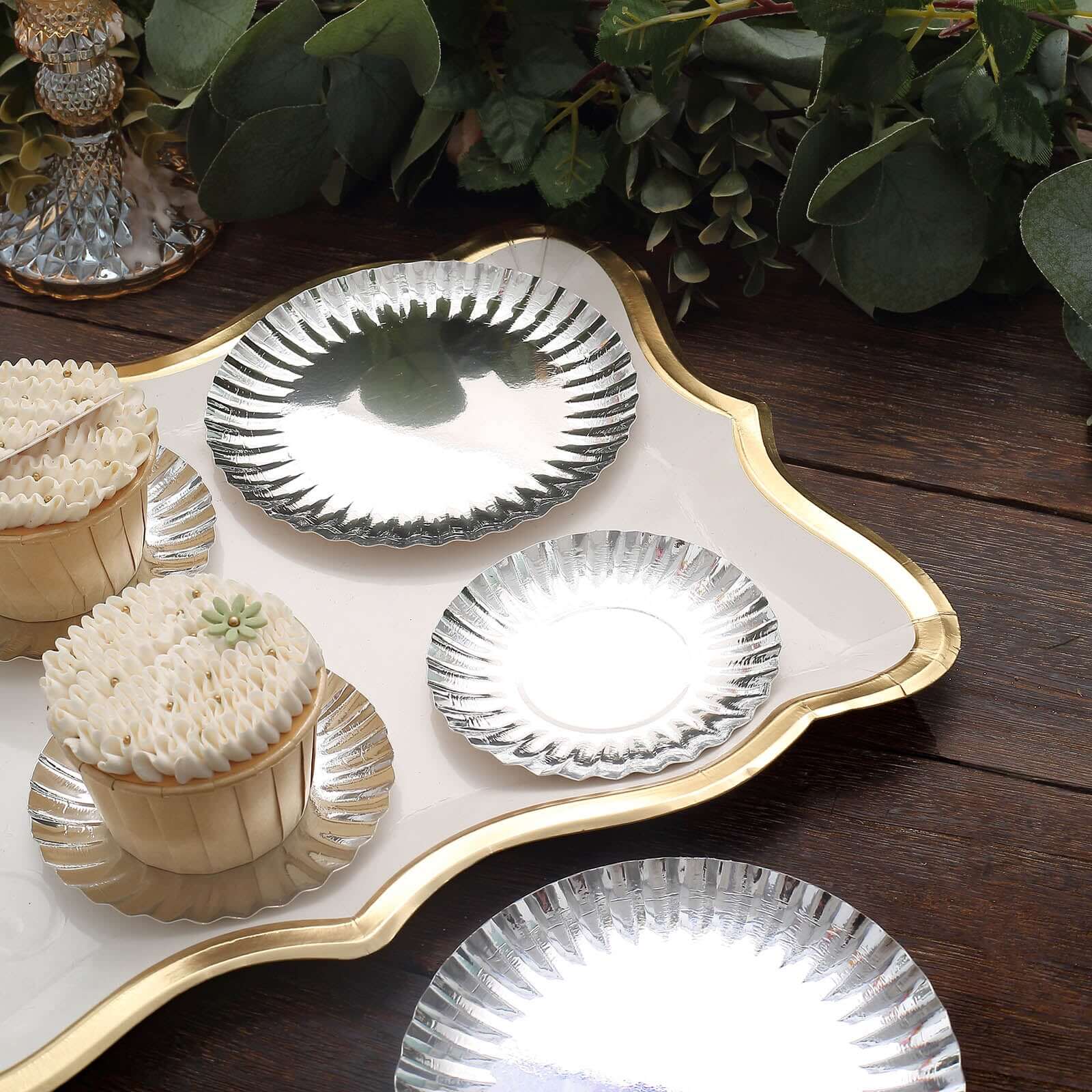 50-Pack Paper 5" Round Dessert Plates in Metallic Silver with Scalloped Rim - Disposable 250GSM Appetizer Party Plates