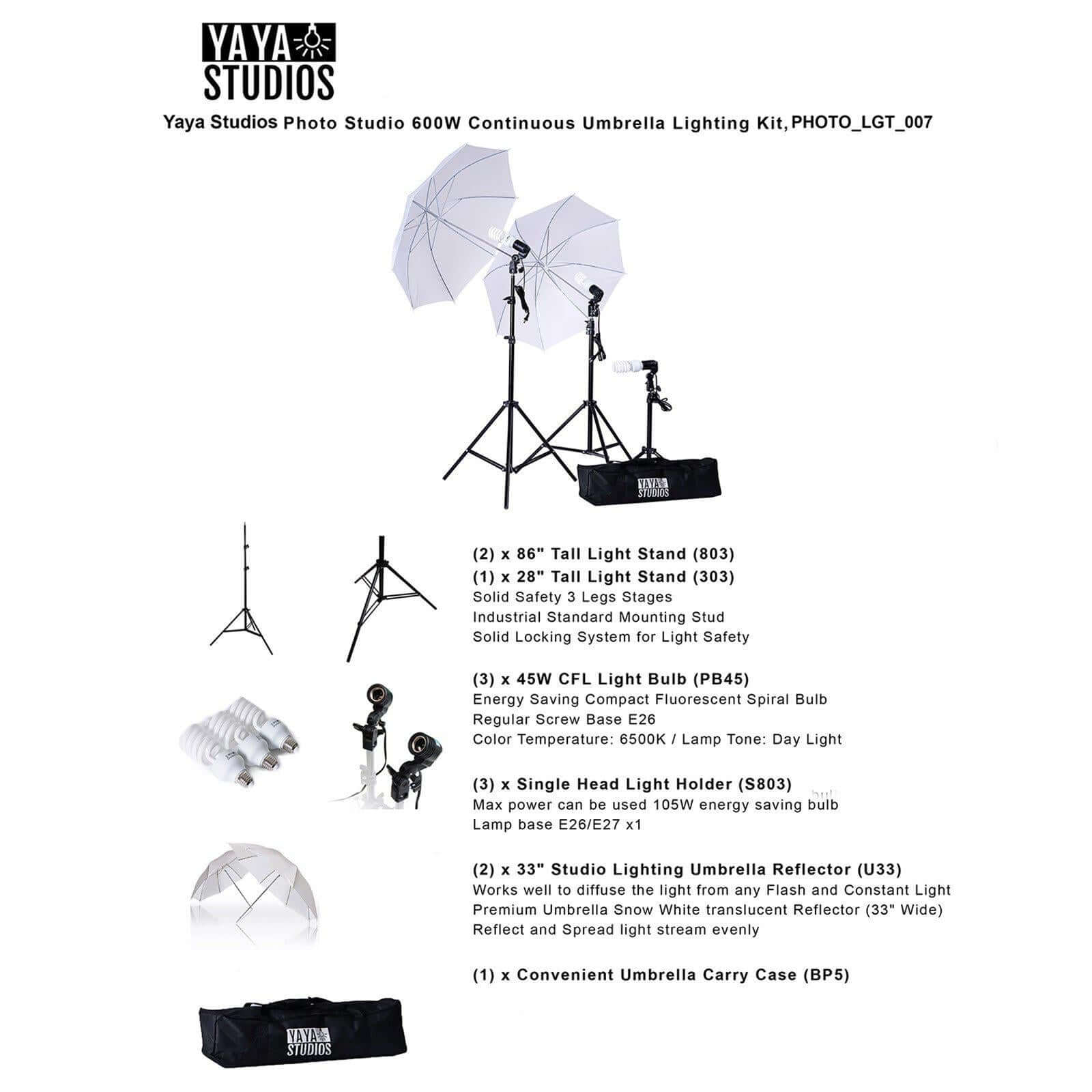 7ft Photo Studio 600W Day Light White Umbrella Continuous Lighting Kit