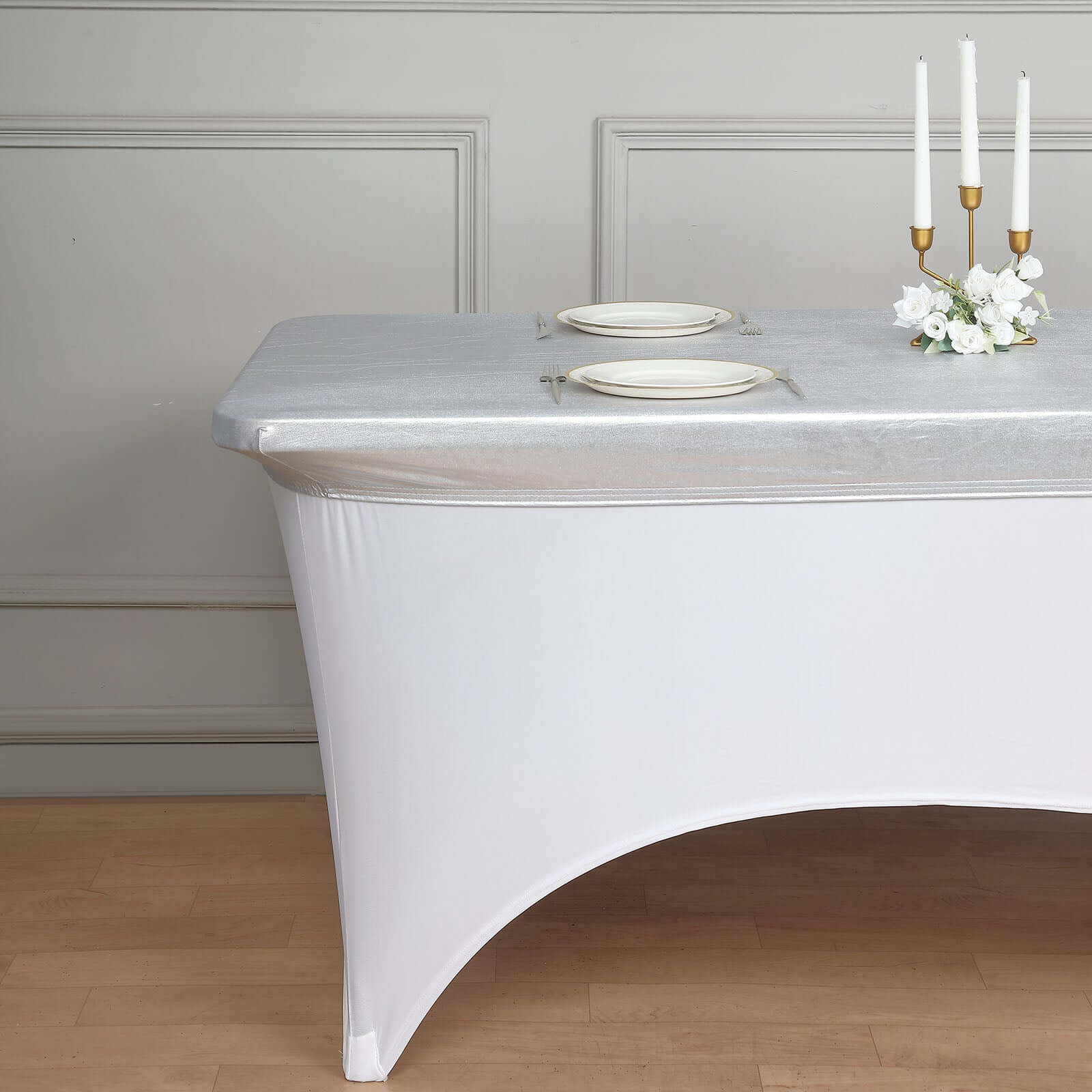 Stretch Spandex 72"x30" Rectangle Table Top Cover Metallic Silver - Easy to Install Fitted Table Topper Cap
