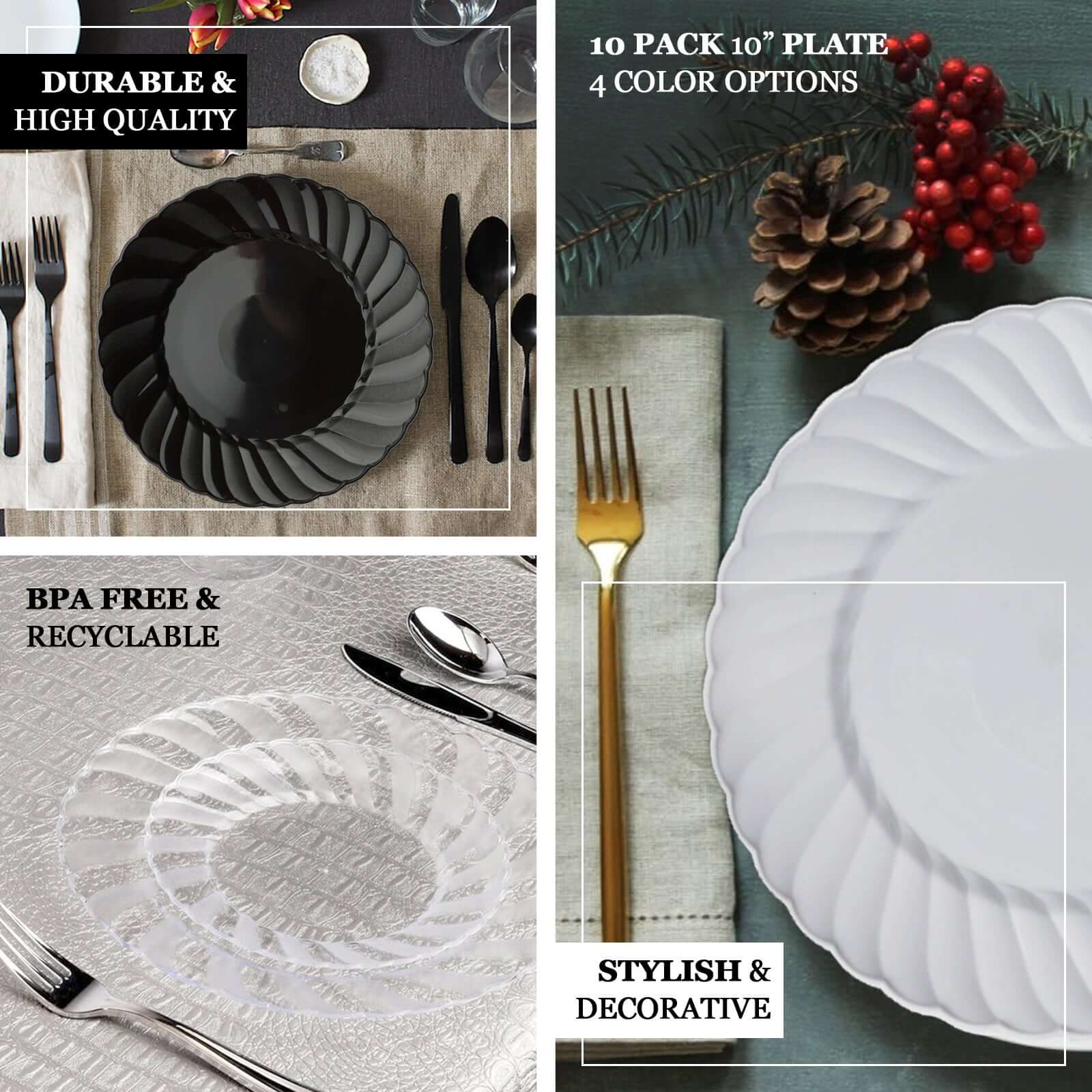 12-Pack Plastic Dinner Plates Glossy White Swirl Rim - Durable Disposable Plates for Gatherings 10"