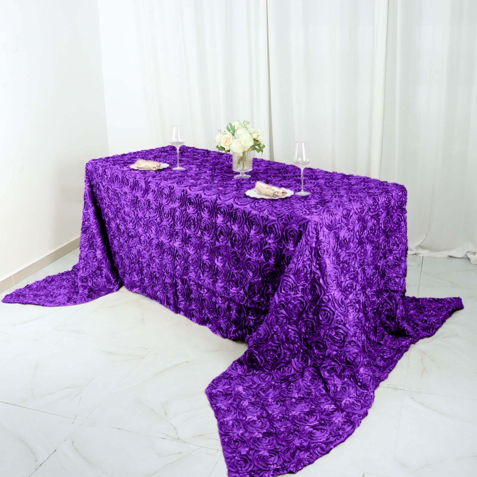 Satin 90"x156" Rectangle Tablecloth Purple - Grandiose 3D Rosette Table Cover with Seamless Finish