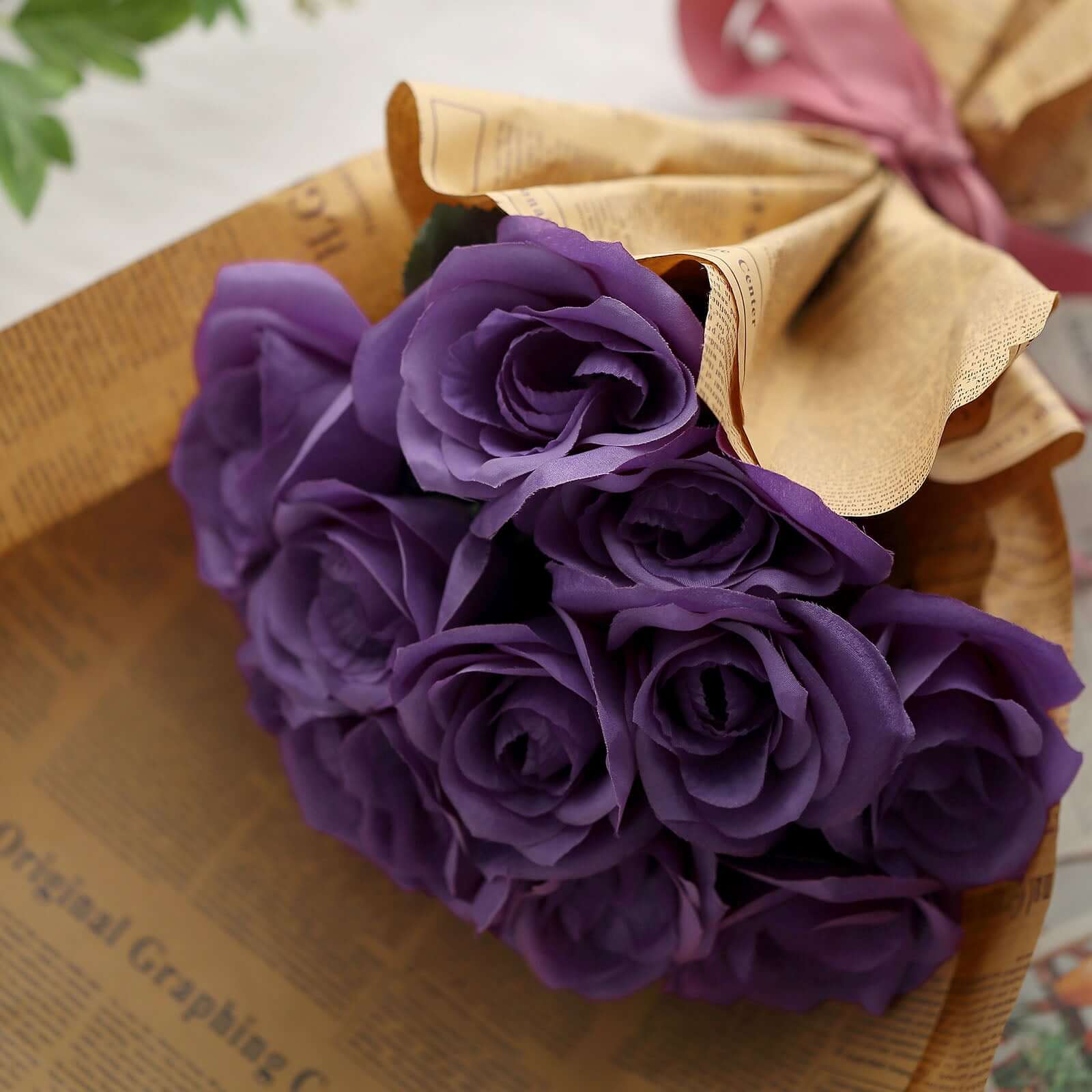 12" Purple Artificial Velvet-Like Fabric Rose Flower Bouquet Bush