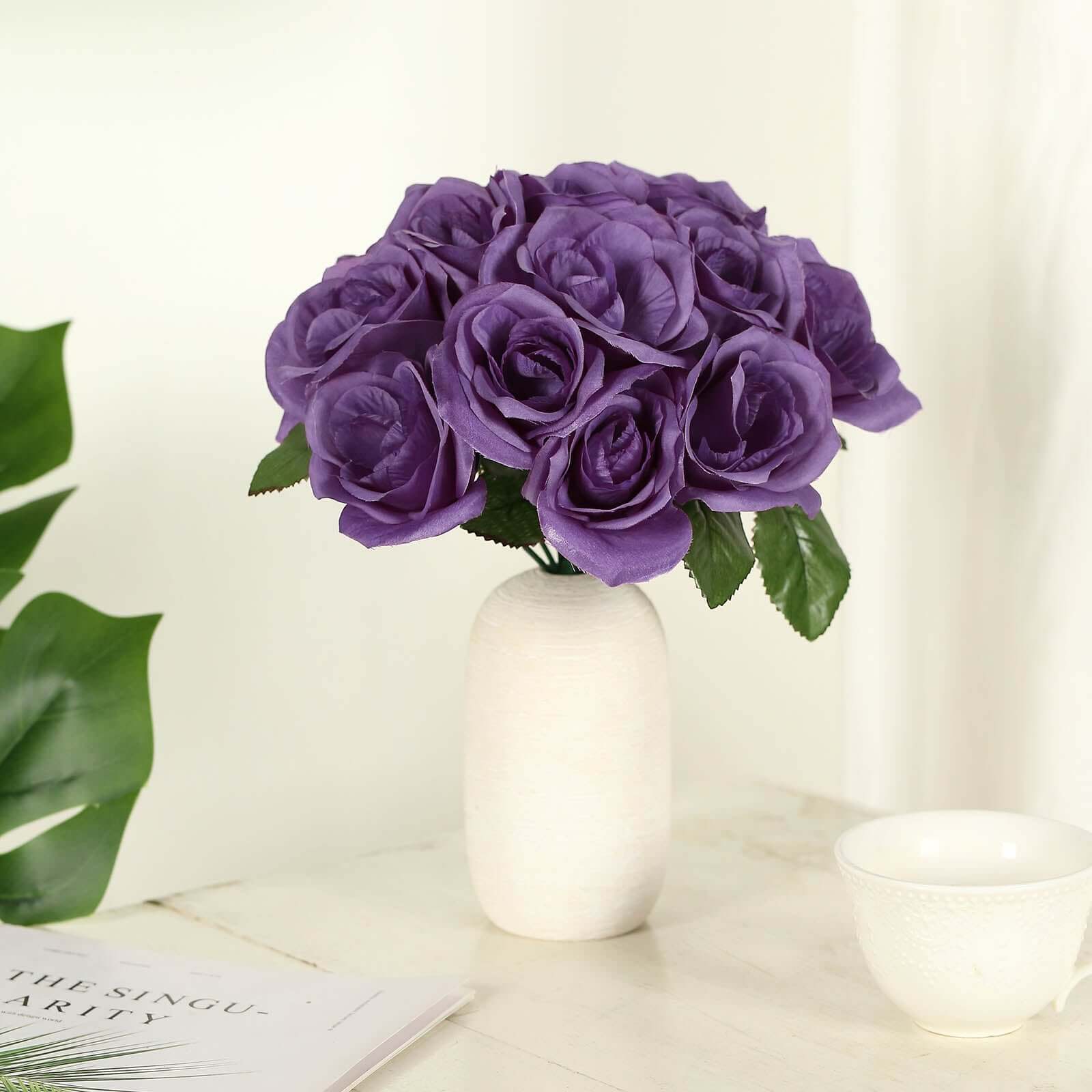 12" Purple Artificial Velvet-Like Fabric Rose Flower Bouquet Bush