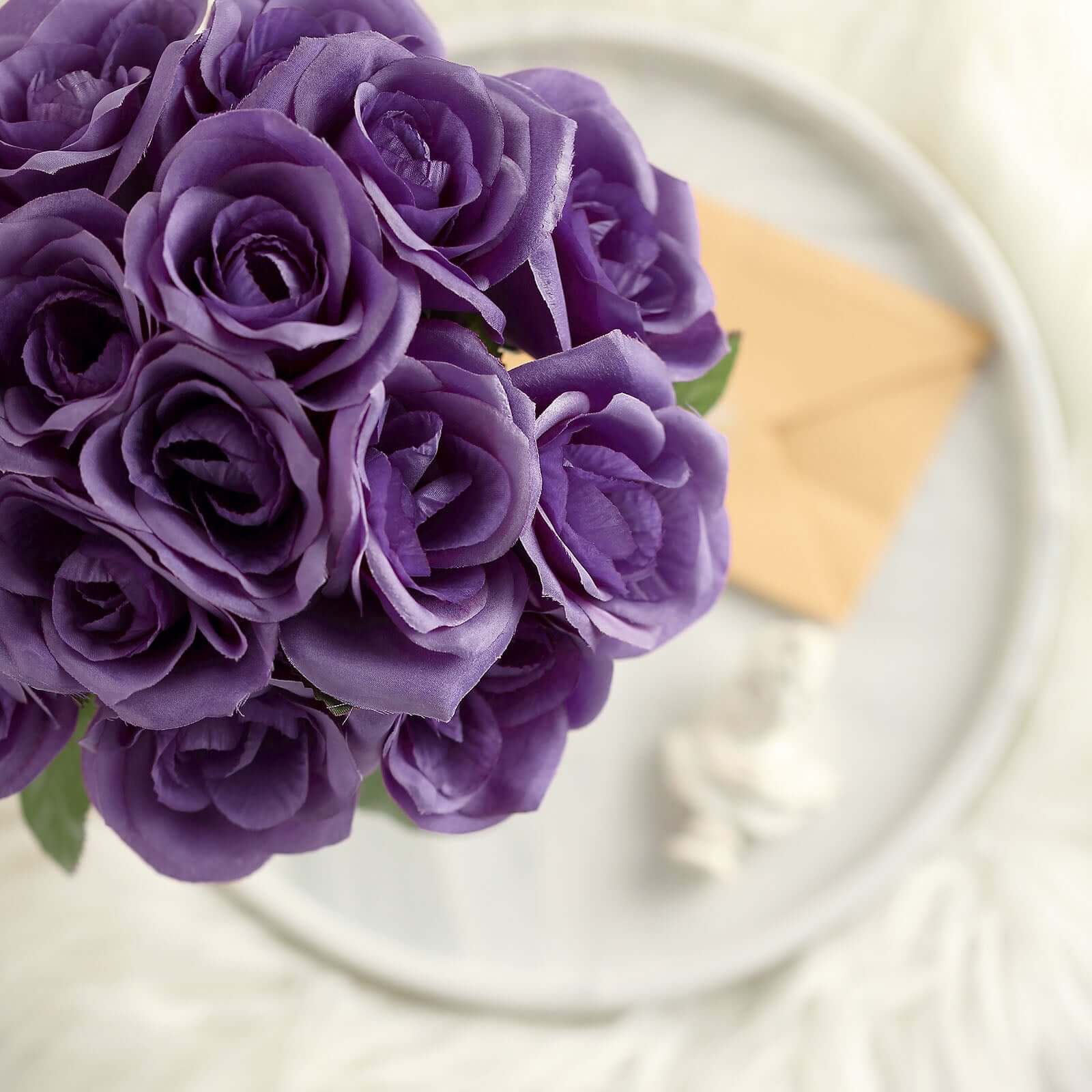 12" Purple Artificial Velvet-Like Fabric Rose Flower Bouquet Bush