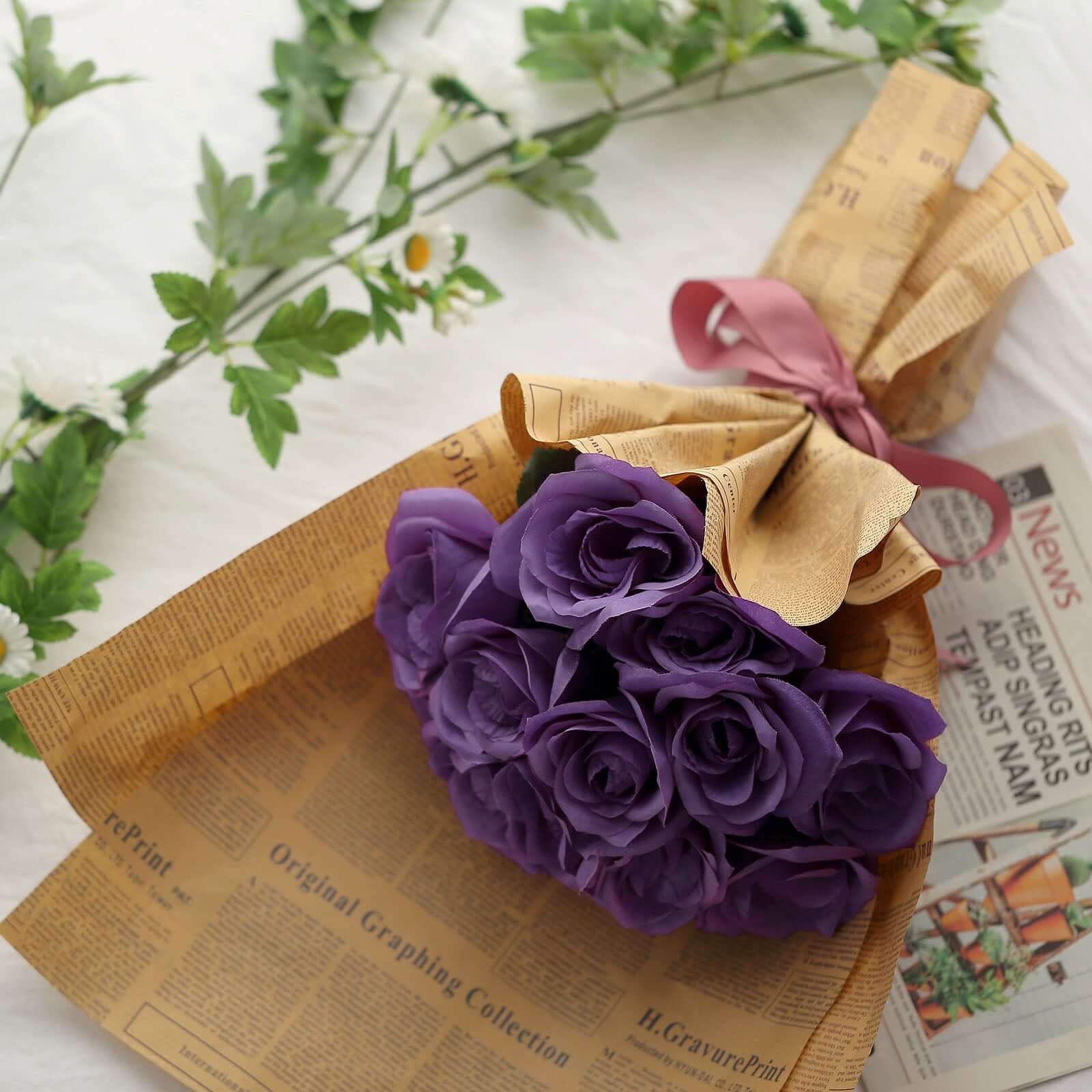 12" Purple Artificial Velvet-Like Fabric Rose Flower Bouquet Bush