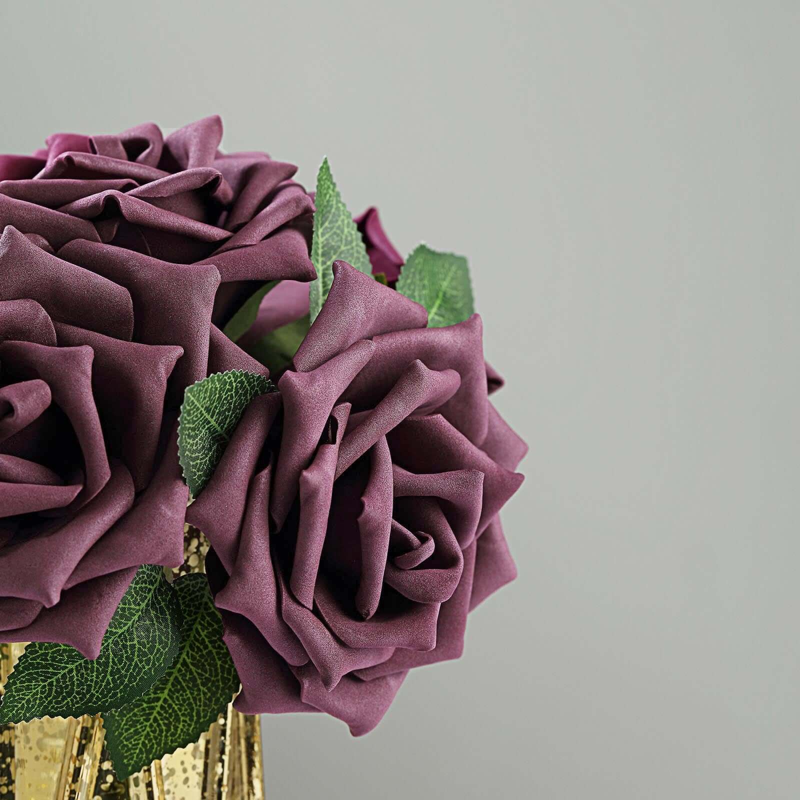 24 Roses 5" Eggplant Artificial Foam Flowers With Stem Wire and Leaves