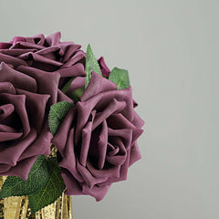 24 Roses 5" Eggplant Artificial Foam Flowers With Stem Wire and Leaves