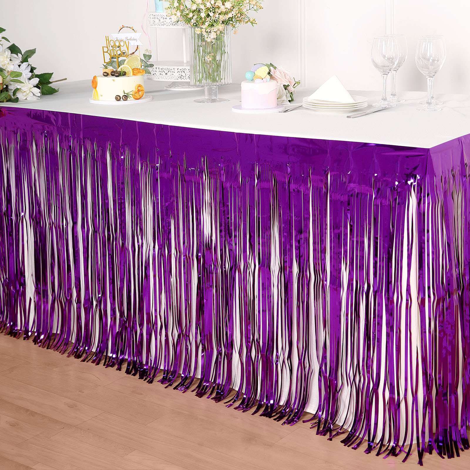30"x9ft Purple Metallic Foil Fringe Table Skirt, Self Adhesive Tinsel Table Skirt
