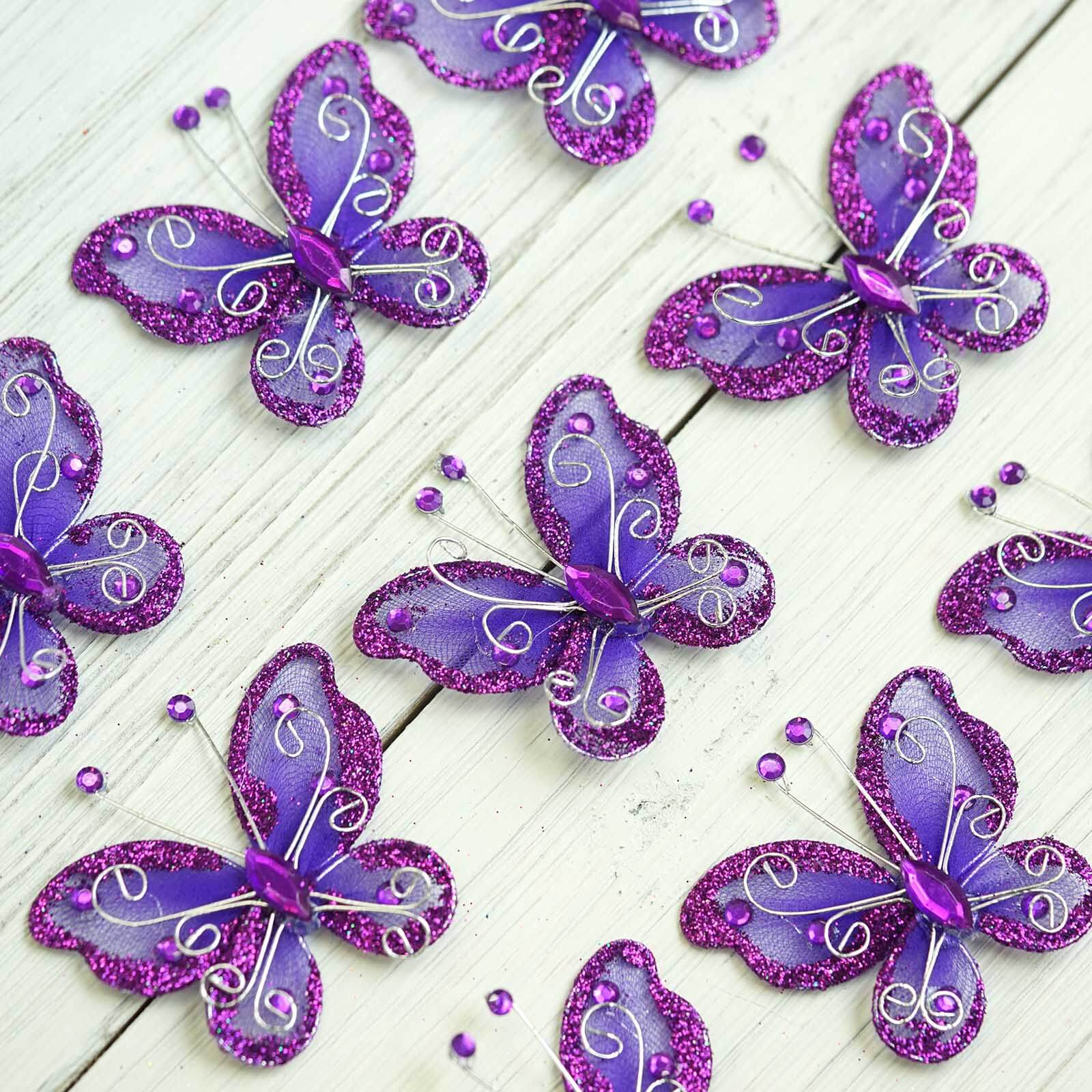 12 Pack 2" Purple Diamond Studded Wired Organza Butterflies