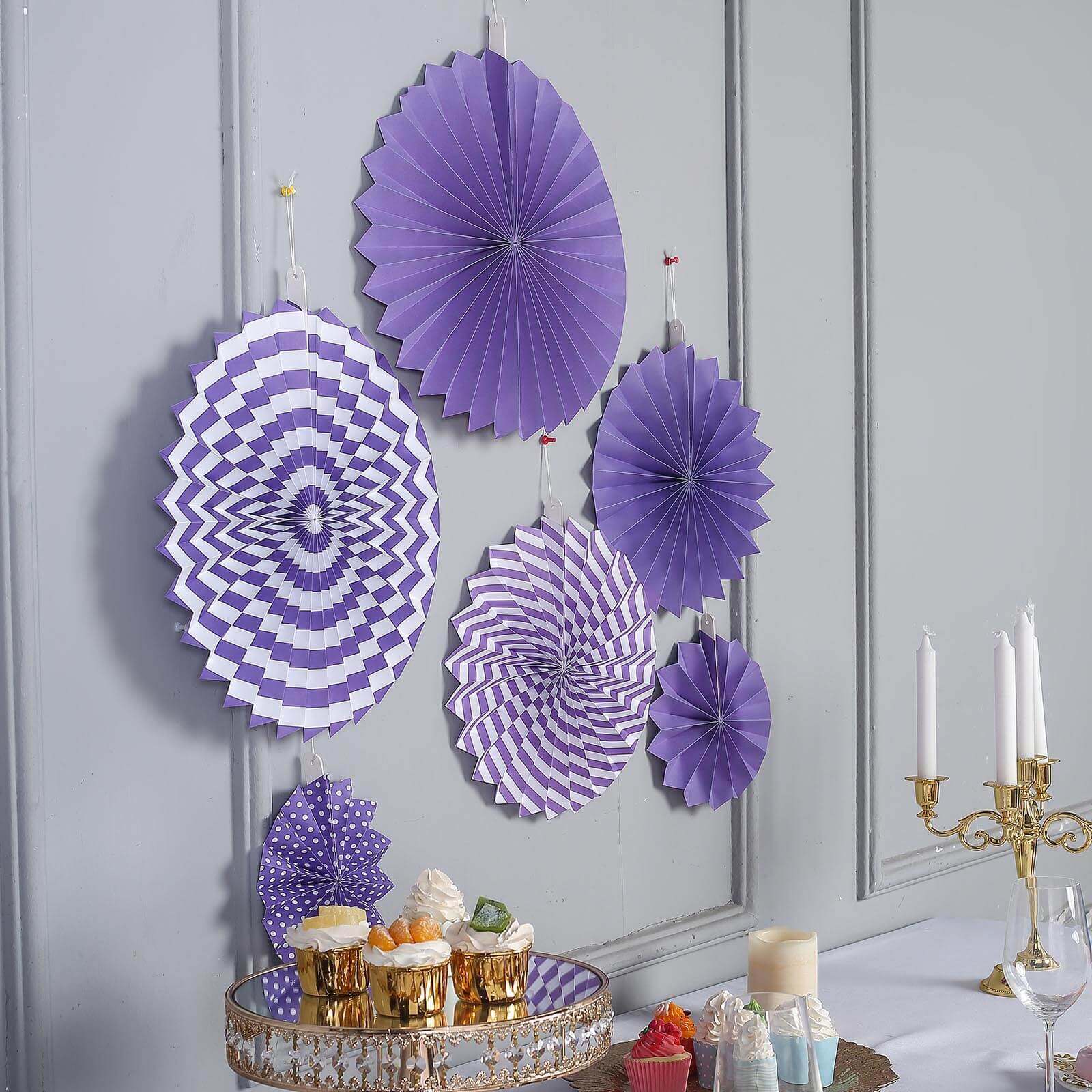 Set of 6 Purple Hanging Paper Fan Decorations, Pinwheel Wall Backdrop Party Kit - 8", 12", 16"