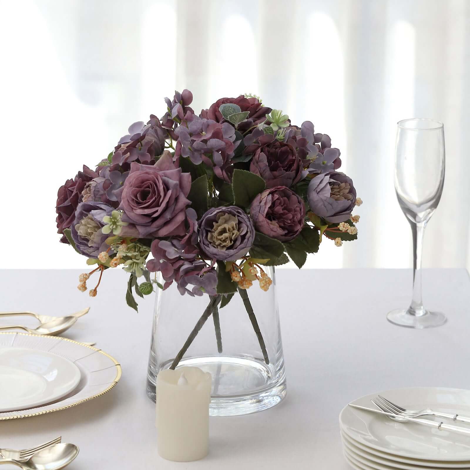 2 Pack Artificial Rose & Peony Floral Arrangements – 12" Purple Silk Bouquets for Weddings & Home Décor