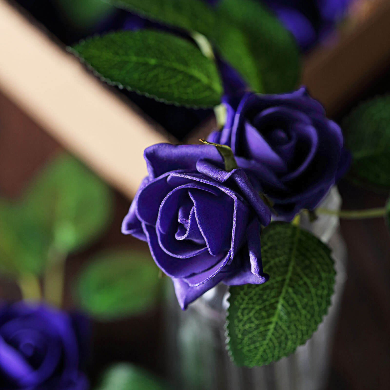 24 Roses 2" Purple Artificial Foam Flowers With Stem Wire and Leaves