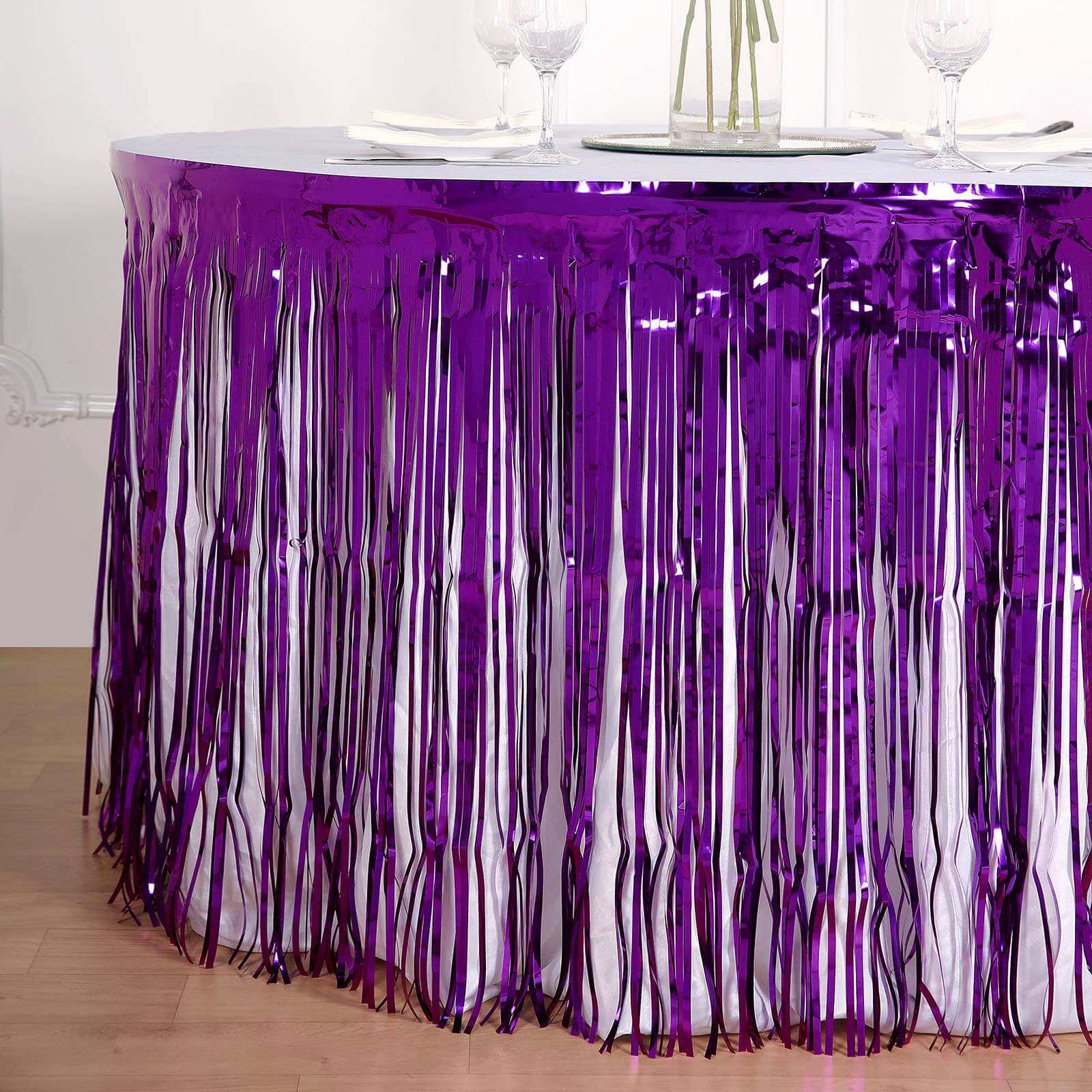 30"x9ft Purple Metallic Foil Fringe Table Skirt, Self Adhesive Tinsel Table Skirt