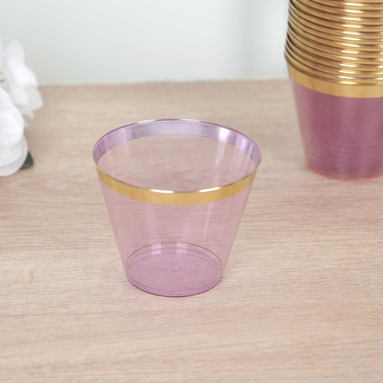 25-Pack Plastic Party Cups Transparent Purple Crystal with Gold Rim - Stylish Short Disposable Glasses 9oz