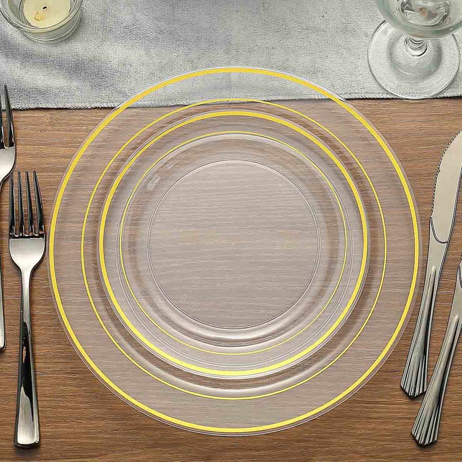 10-Pack Plastic Dessert Plates Clear with Très Chic Gold Rim - Disposable Plates for Parties 8"