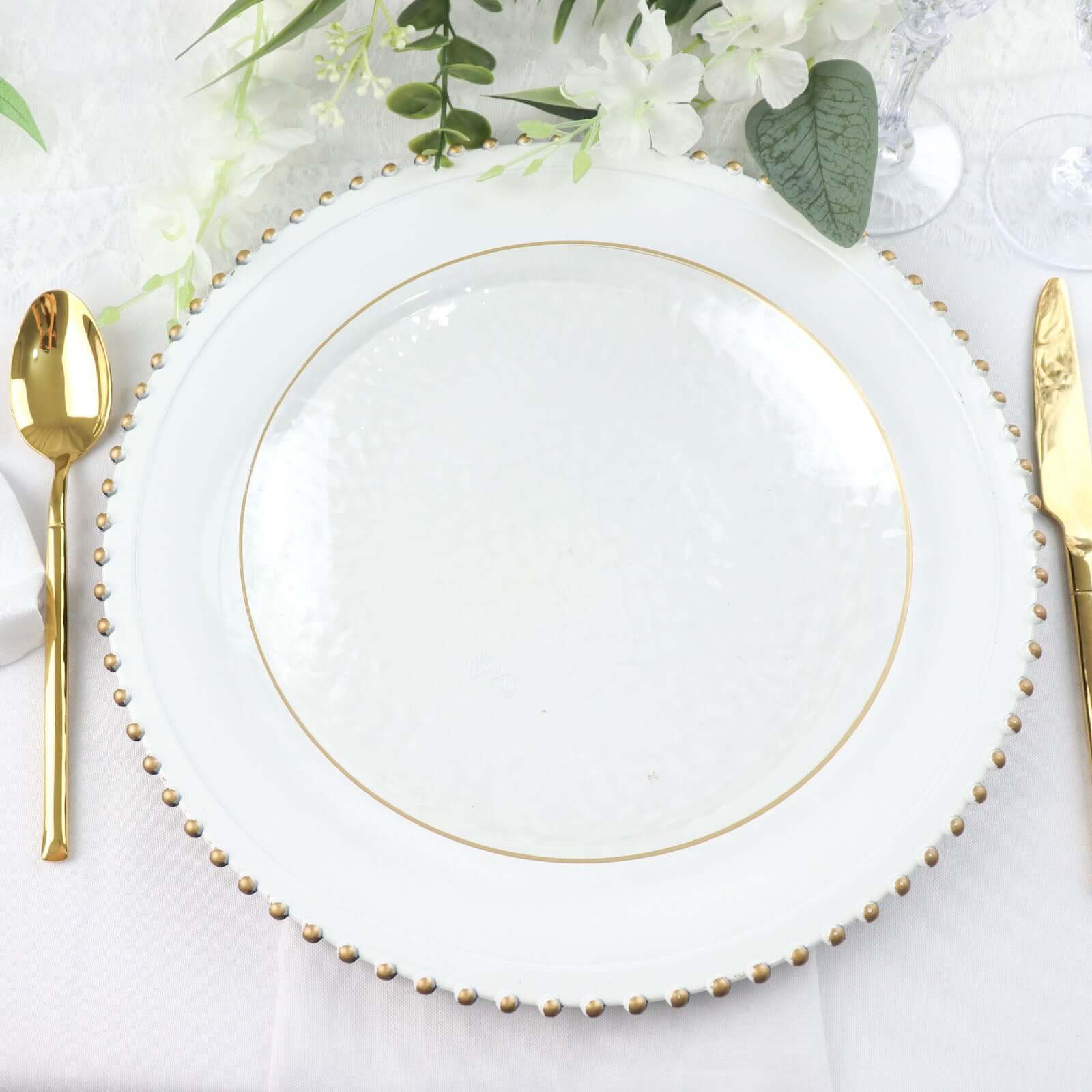 10-Pack Plastic 9" Round Dinner Plates in Clear Hammered Design with Gold Rim - Modern Disposable Party Plates for Events & Banquets