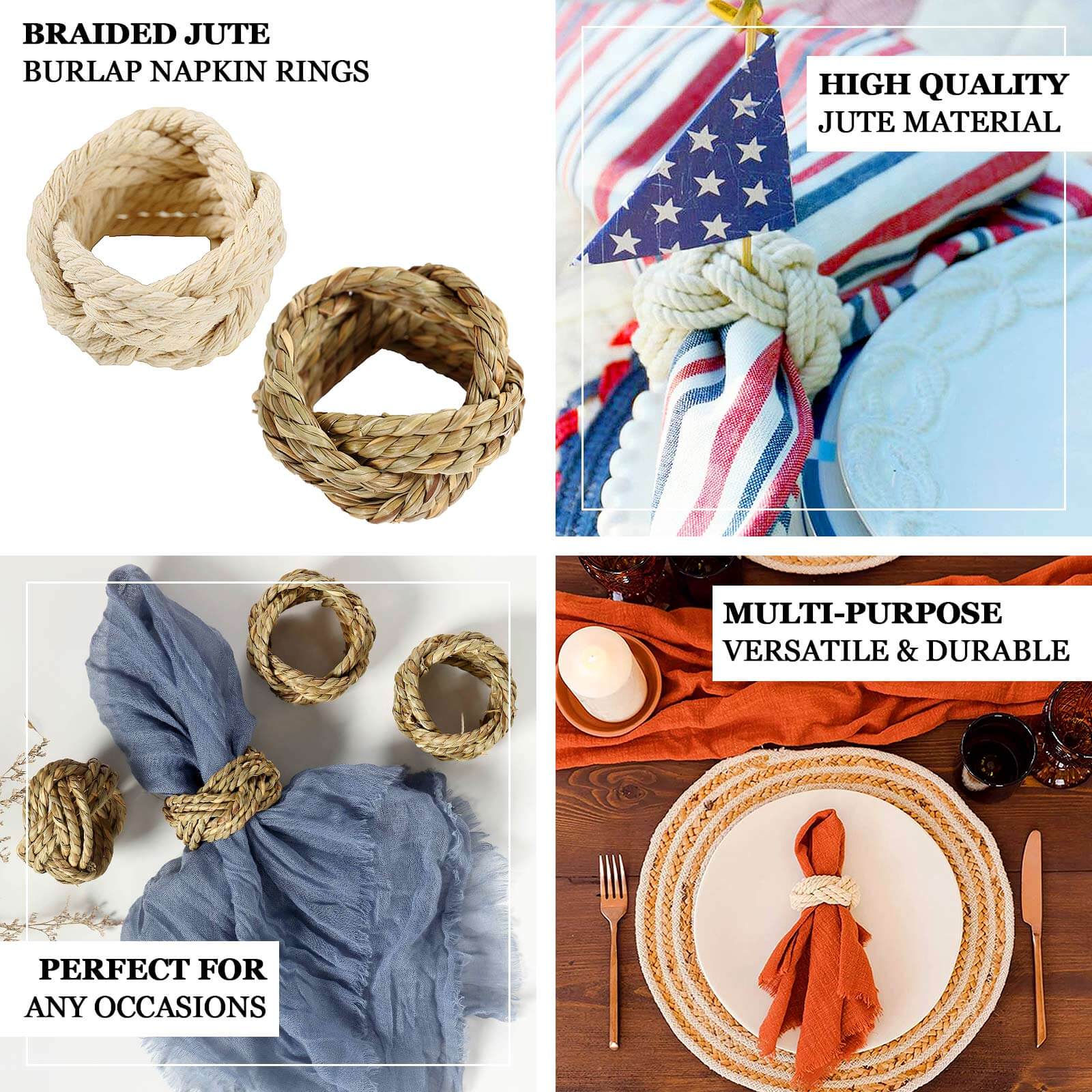 4 Pack Rustic Cream Burlap Napkin Rings, Handmade Braided Jute Napkin Holders