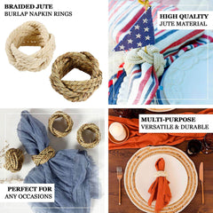 4 Pack Rustic Cream Burlap Napkin Rings, Handmade Braided Jute Napkin Holders