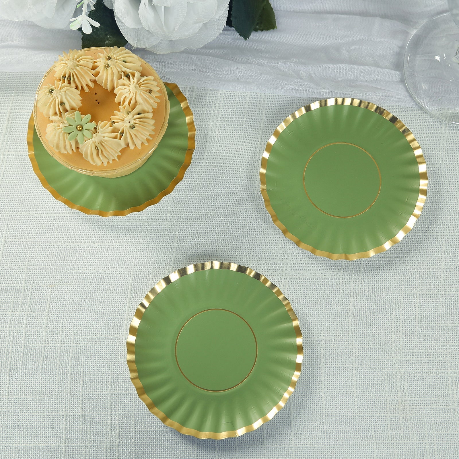 50-Pack Paper 3.5" Round Party Plates in Dusty Sage Green with Gold Scalloped Rim - Disposable Mini 250GSM Dessert Plates for Tapas, Appetizers & Finger Foods