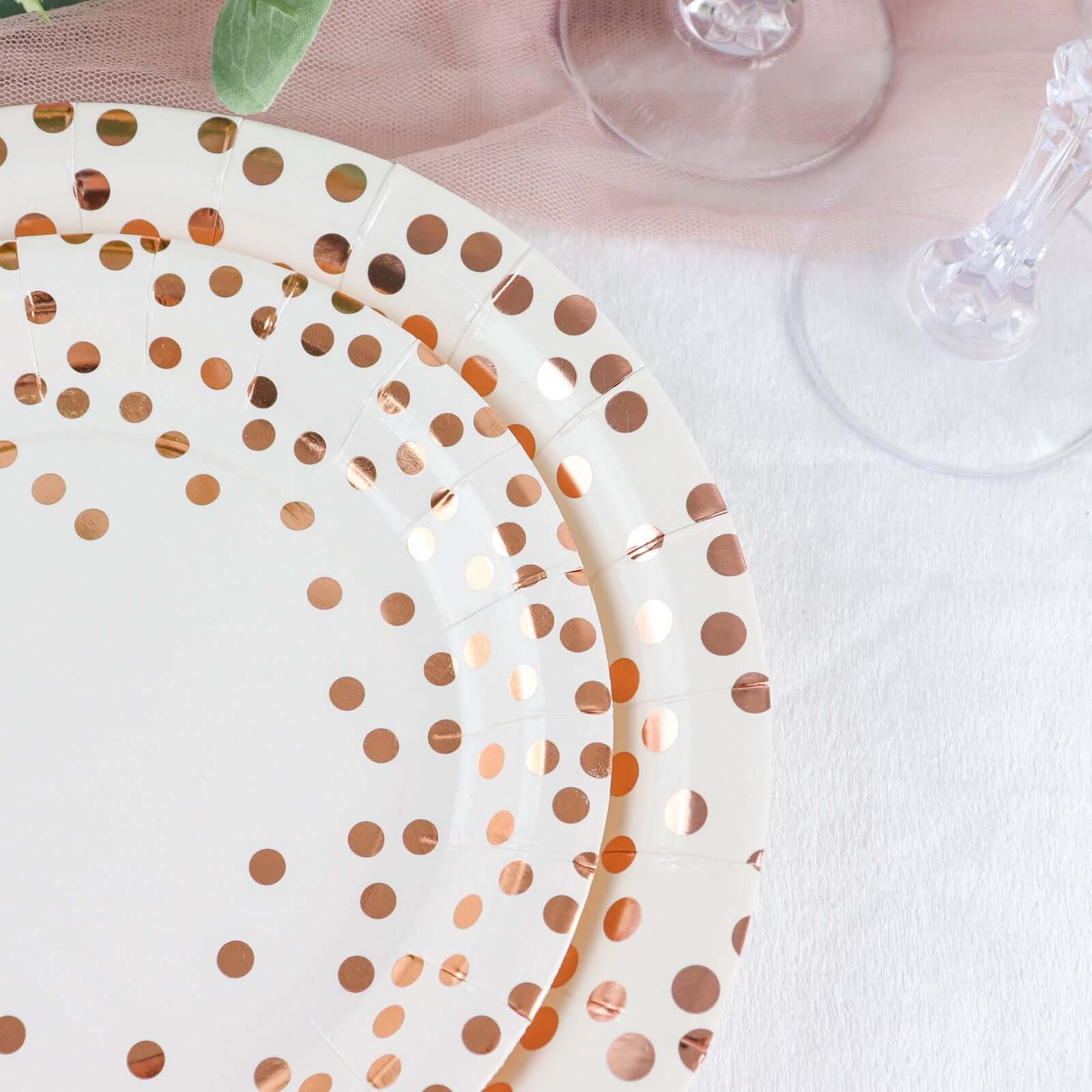 25 Pack 7" White Rose Gold Polka Dot Dessert Appetizer Paper Plates, Disposable Salad Party Plates - 300 GSM