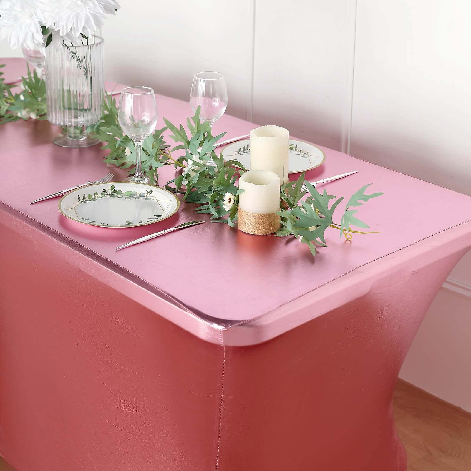 Stretch Spandex 72"x30" Rectangle Tablecloth Metallic Rose Gold - Form-Fitting Table Cover