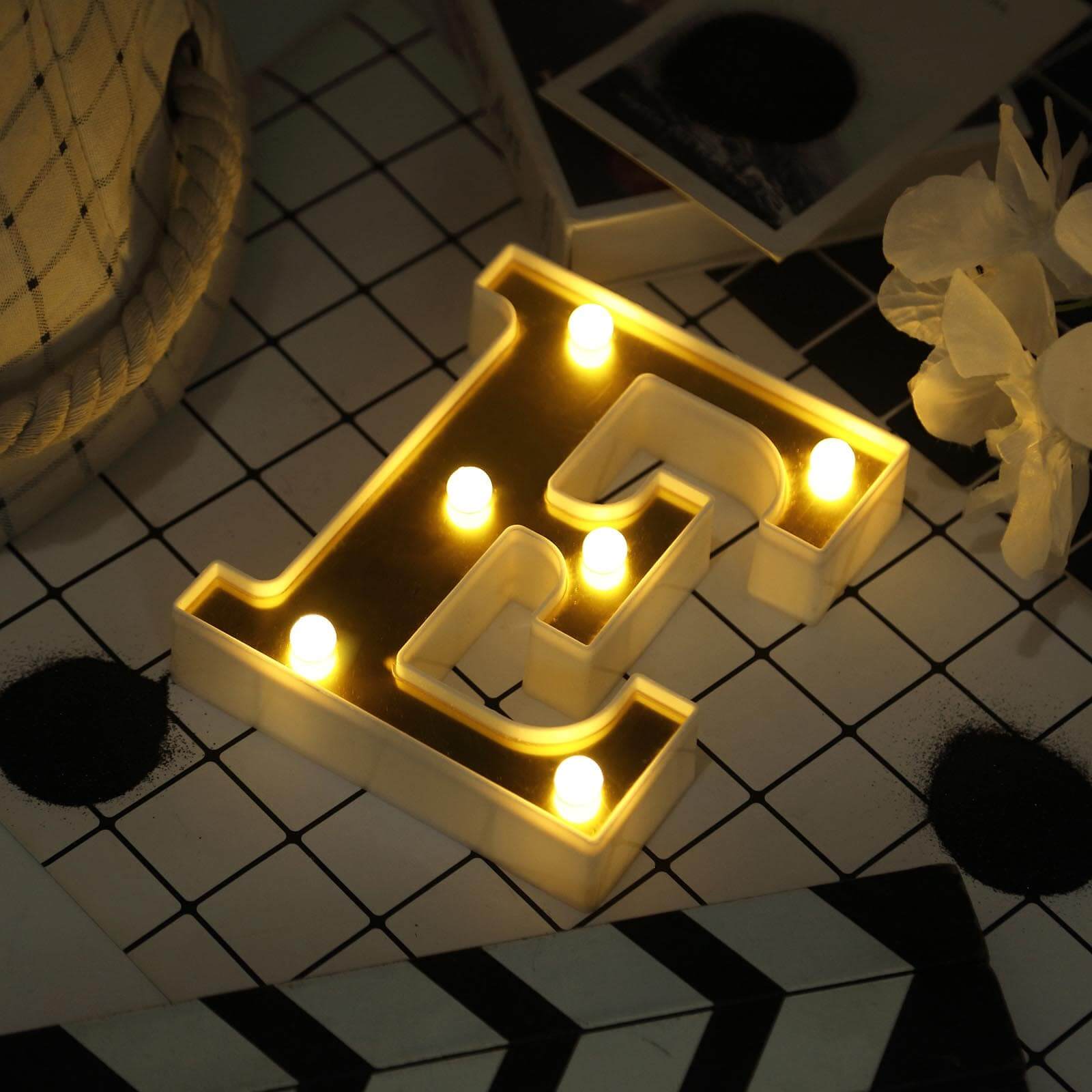3D Marquee Letter "E" Warm White 6 LED Lights Gold - Chic Light-Up Decor for Events 6"