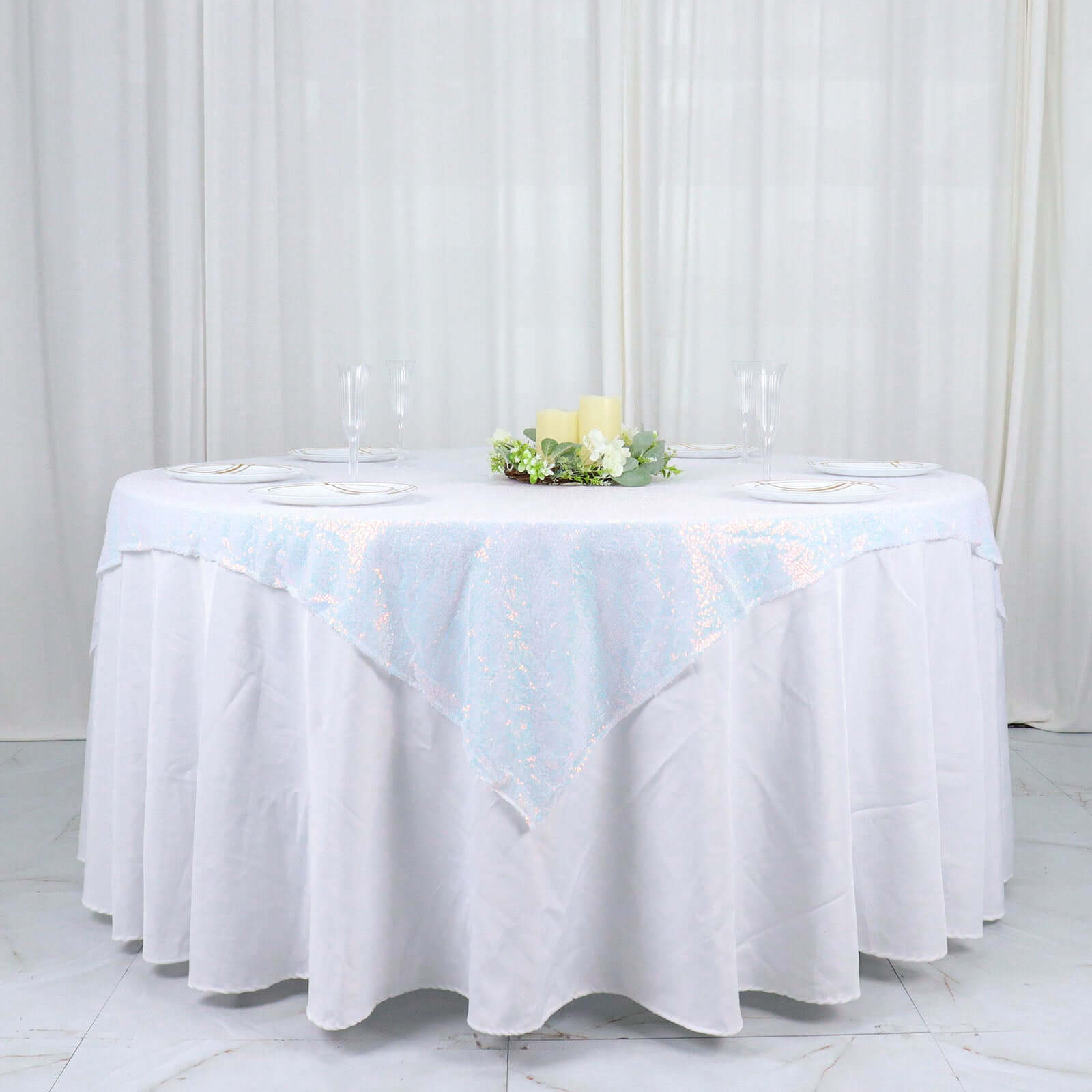 Sequin 60"x60" Table Overlay Square Tablecloth Irisdescent Blue - Luxe Wedding Table Topper