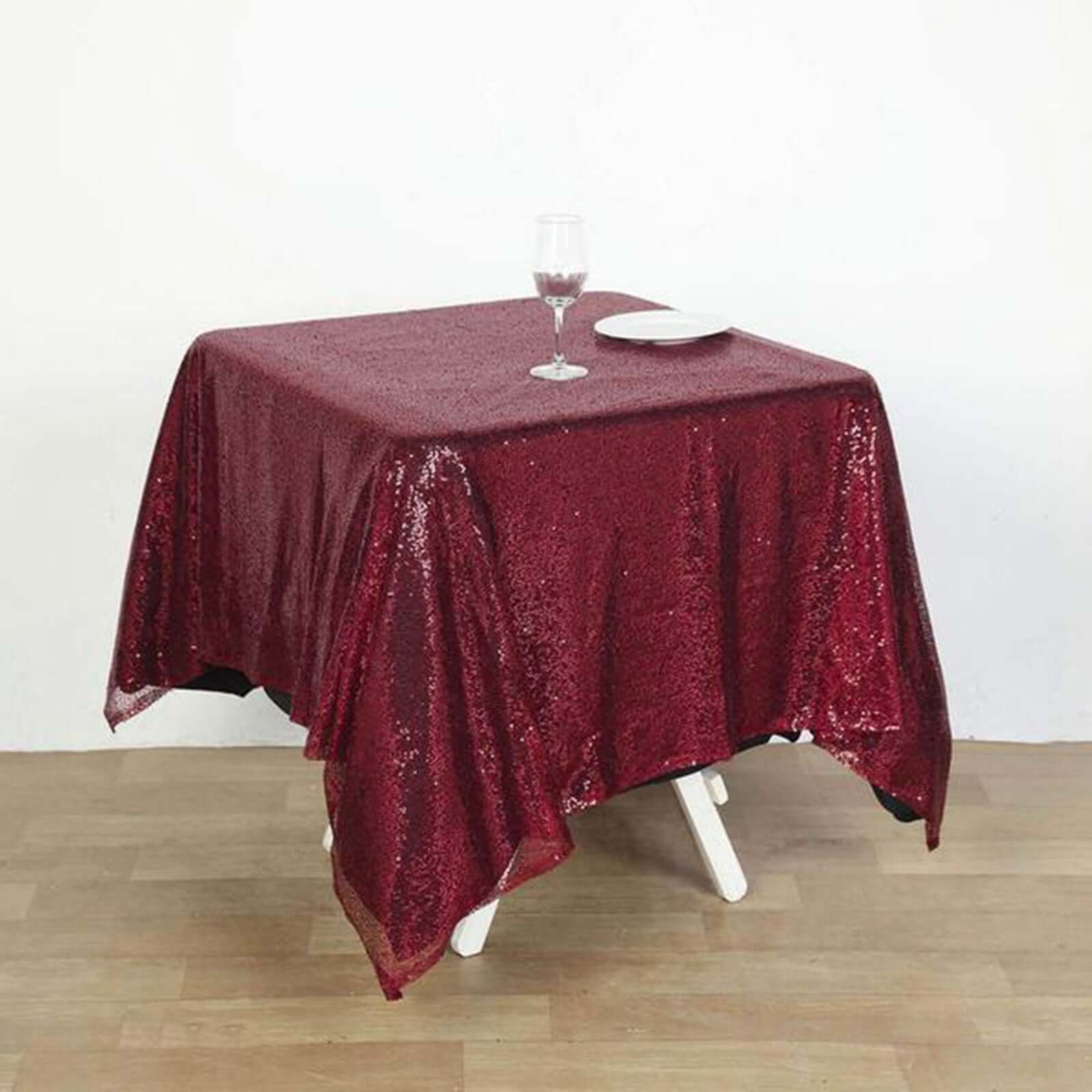 Sequin 60"x60" Table Overlay Square Tablecloth Burgundy - Luxe Wedding Table Topper