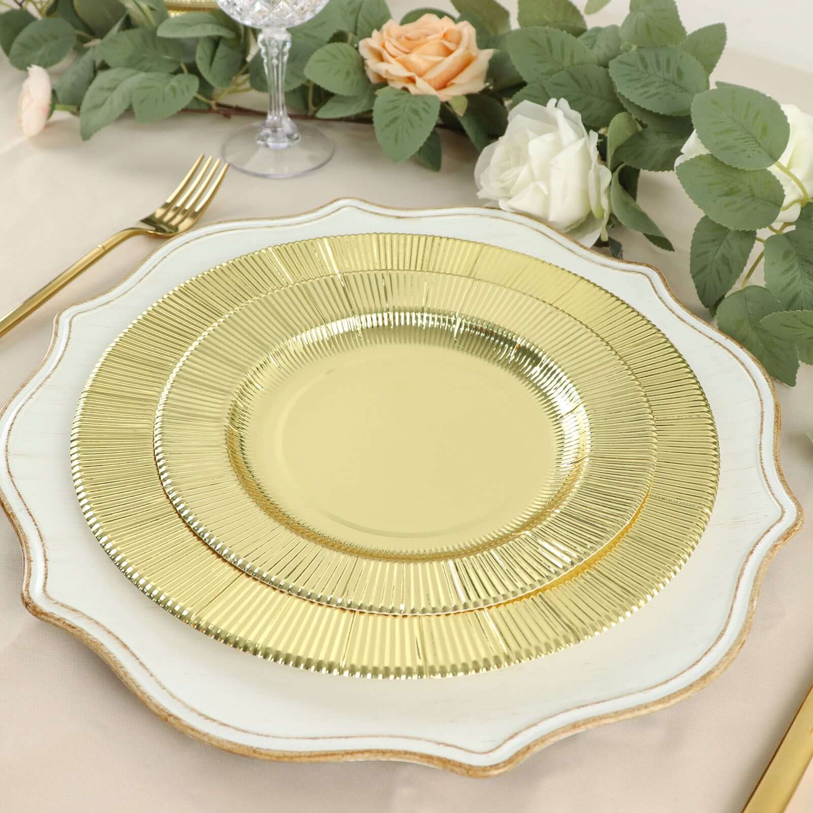 25-Pack Paper 8" Round Dessert Plates in Metallic Gold Sunray Design - Disposable Heavy Duty 350GSM Appetizer Salad Plates