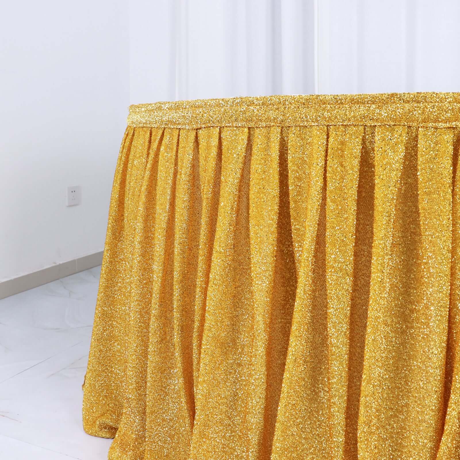 Spandex 17ft Table Skirt Gold Pleated Metallic Shimmer Tinsel with Top Velcro Strip Event Decoration