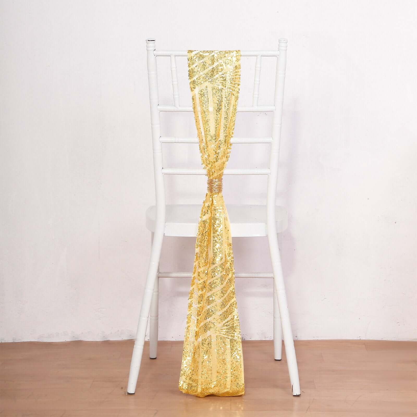 5 Pack Glitz Sequin Chair Sashes with Geometric Diamond Design 6"x88" Gold - Glittering Accent for Weddings