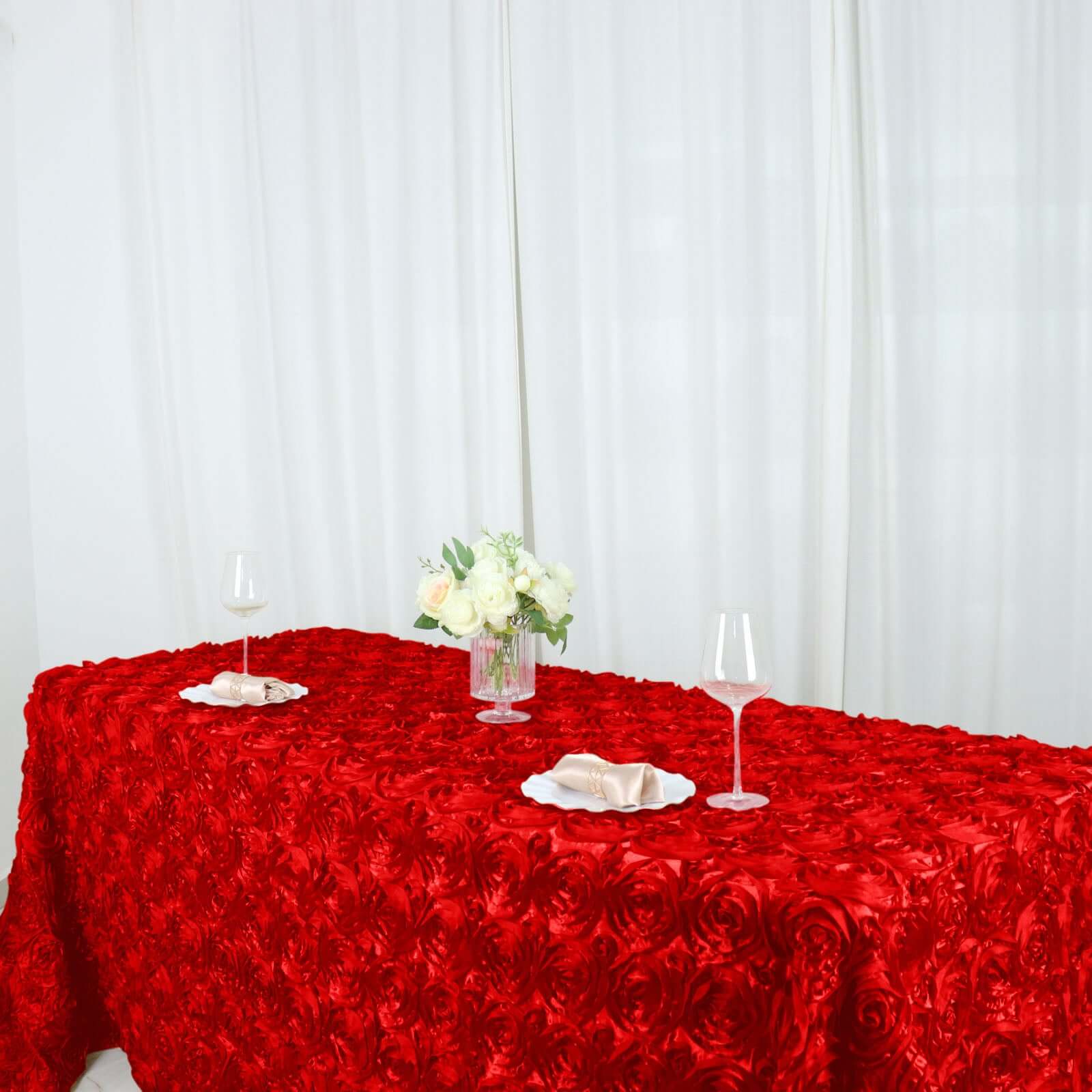 Satin 90"x132" Rectangle Tablecloth Red - Grandiose 3D Rosette Seamless Table Cover