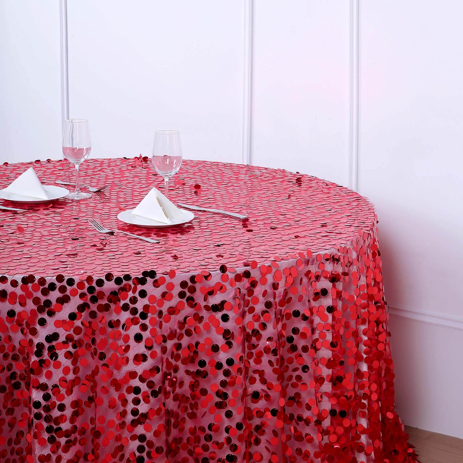 Sequin 120" Round Tablecloth Red - Seamless Big Payette Design Table Cover
