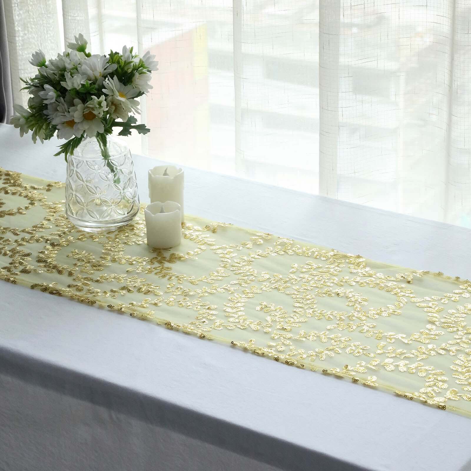 Mesh 12"x108" Table Runner Gold - Leaf Vine Sequin Embroidered Design for Sophisticated Occasion