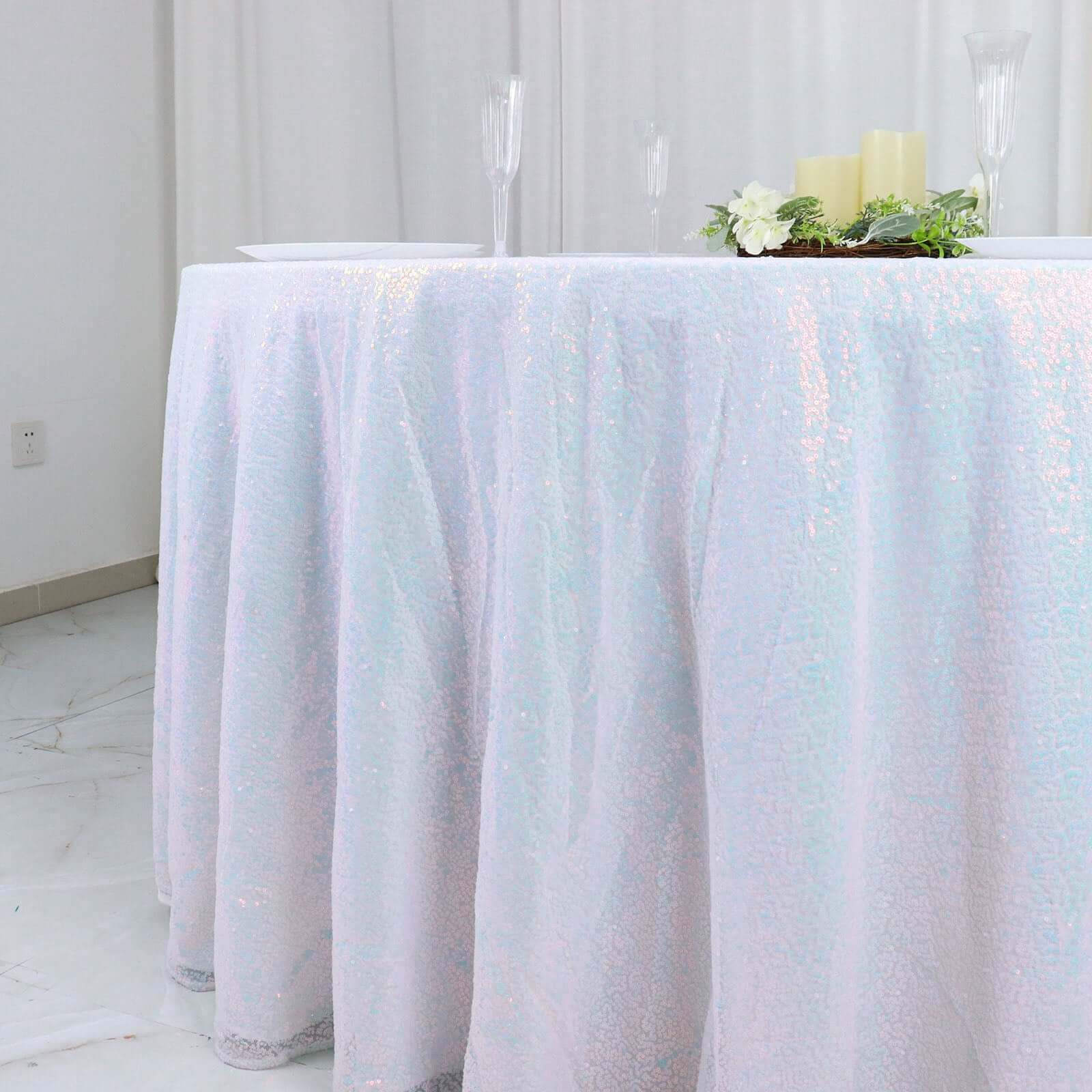 Sequin 132" Round Tablecloth Iridescent Blue - Seamless Dazzling Table Cover