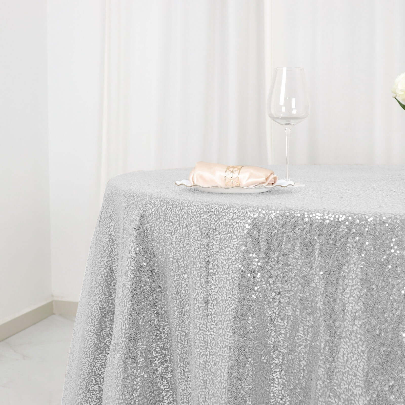 Sequin 120" Round Tablecloth Silver - Seamless Glittering Table Cover