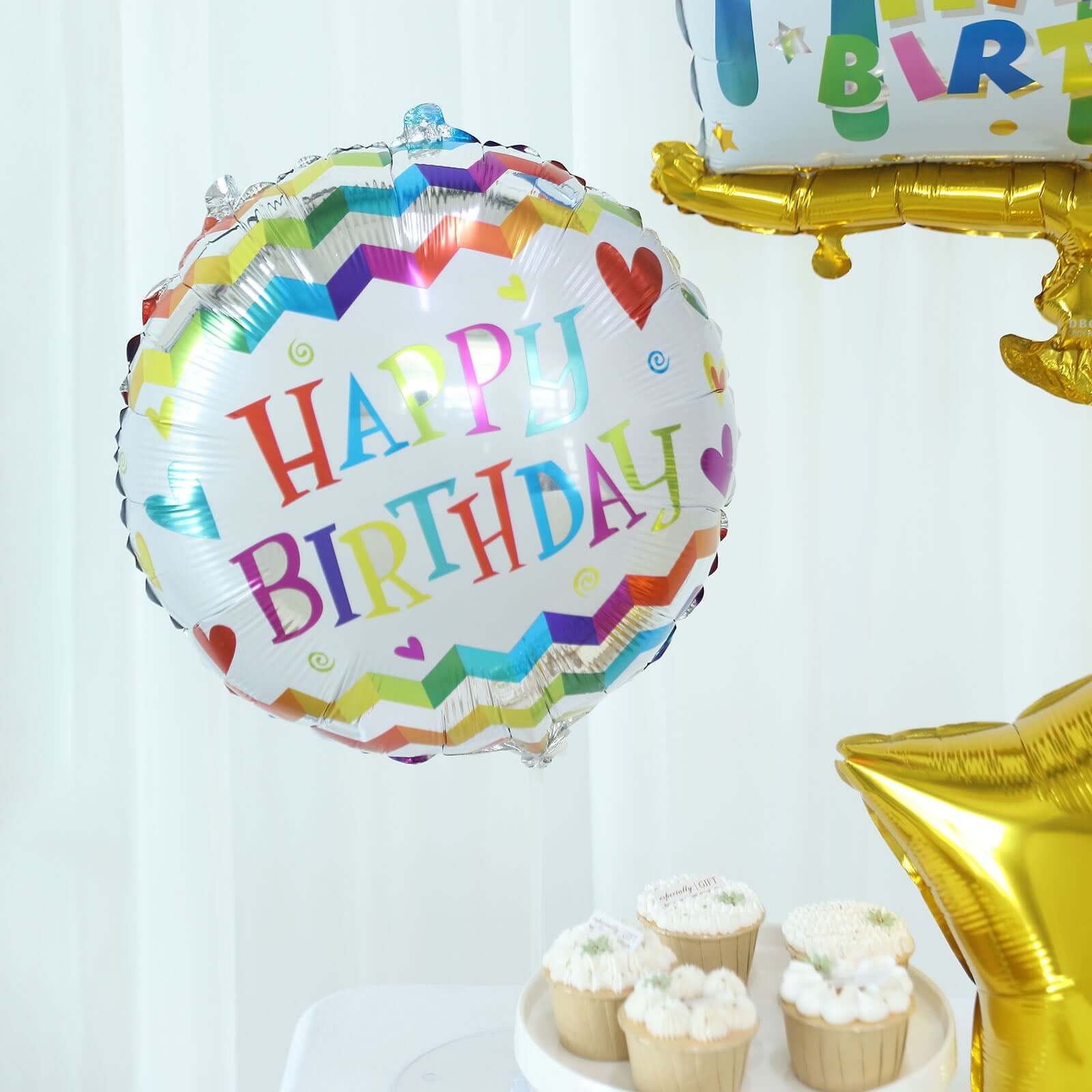 Set of 5 Colorful Happy Birthday Cake Mylar Foil Balloon Set, Round and Gold Star Balloon Bouquet With Ribbon, Birthday Party Decorations