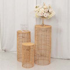 Set of 3 Natural Woven Rattan Wicker Pedestal Stand Floor Lamp Shades with Wave Pattern, Rustic Farmhouse Cylinder Display Stands With Plug In Light Cord - 19",27",33"