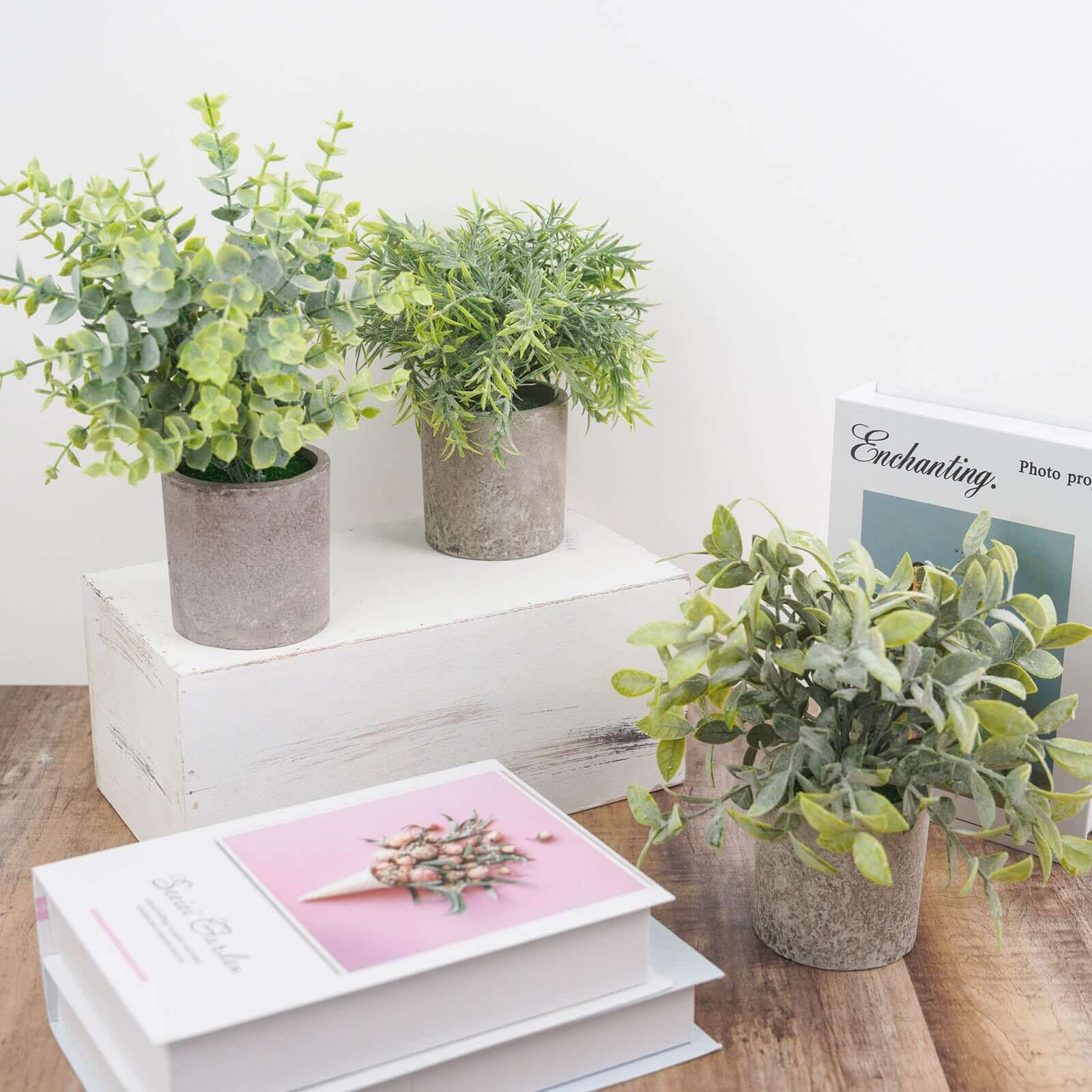 3 Plant Set Mini Potted Artificial Eucalyptus, Rosemary and Boxwood Faux Planter Collection - Small Decorative Faux Herb Garden for Desk Countertops Table Shelf Display 9"